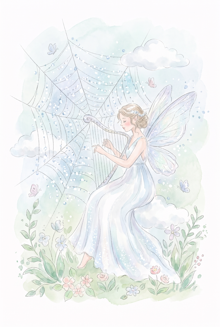 Dreamy harp playing fairy wall art shows a winged girl playing music beside a dewy spiderweb and soft garden flowers.