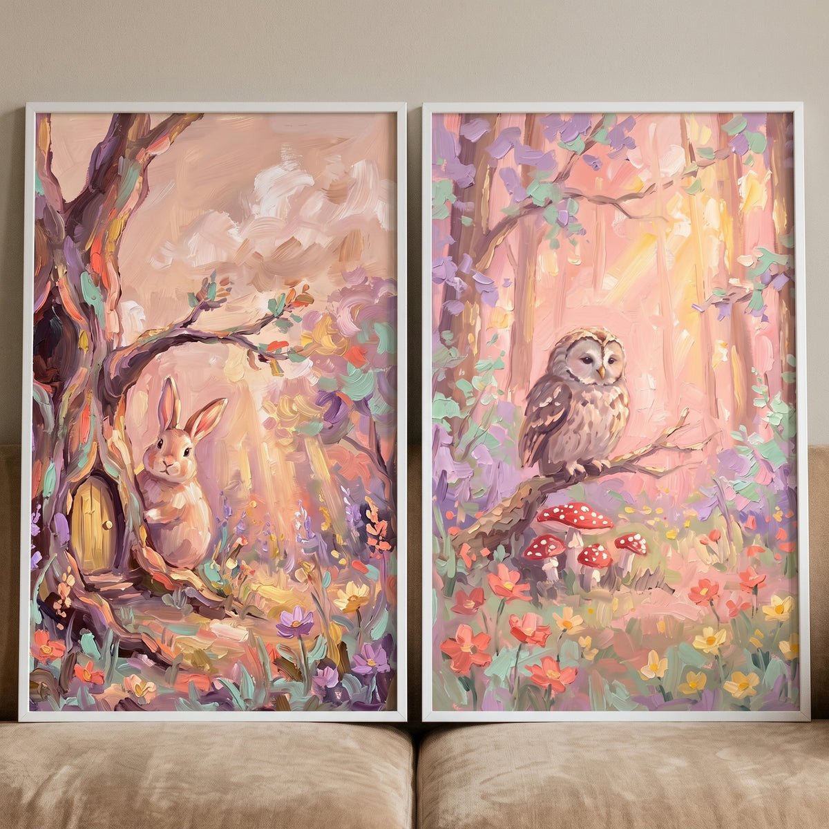 Dreamy impasto forest animals wall art set of 2 featuring a rabbit by a tree door and an owl perched above mushrooms.