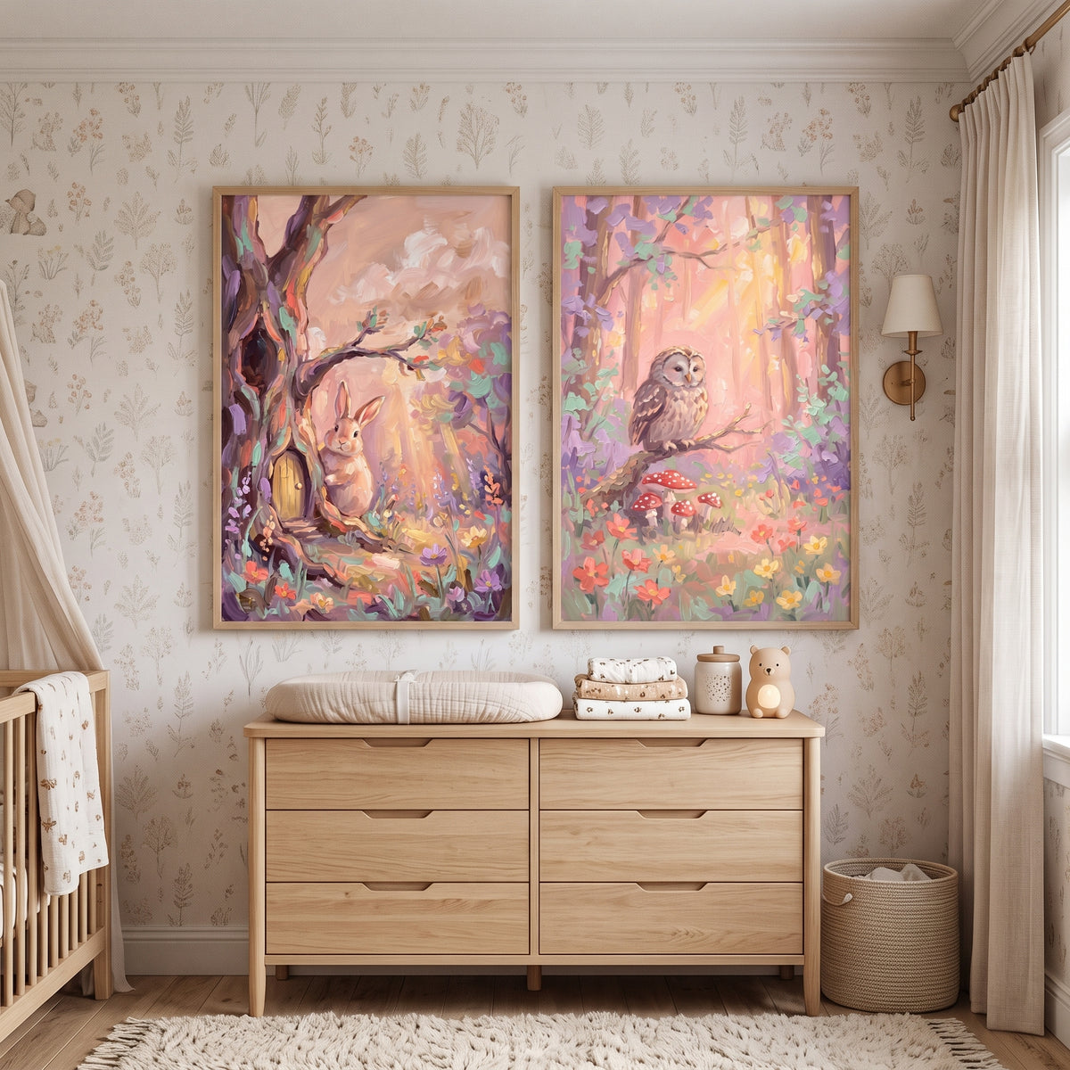 Dreamy Impasto Forest Animals Wall Art Set of 2 - Enchanted Forest Friends