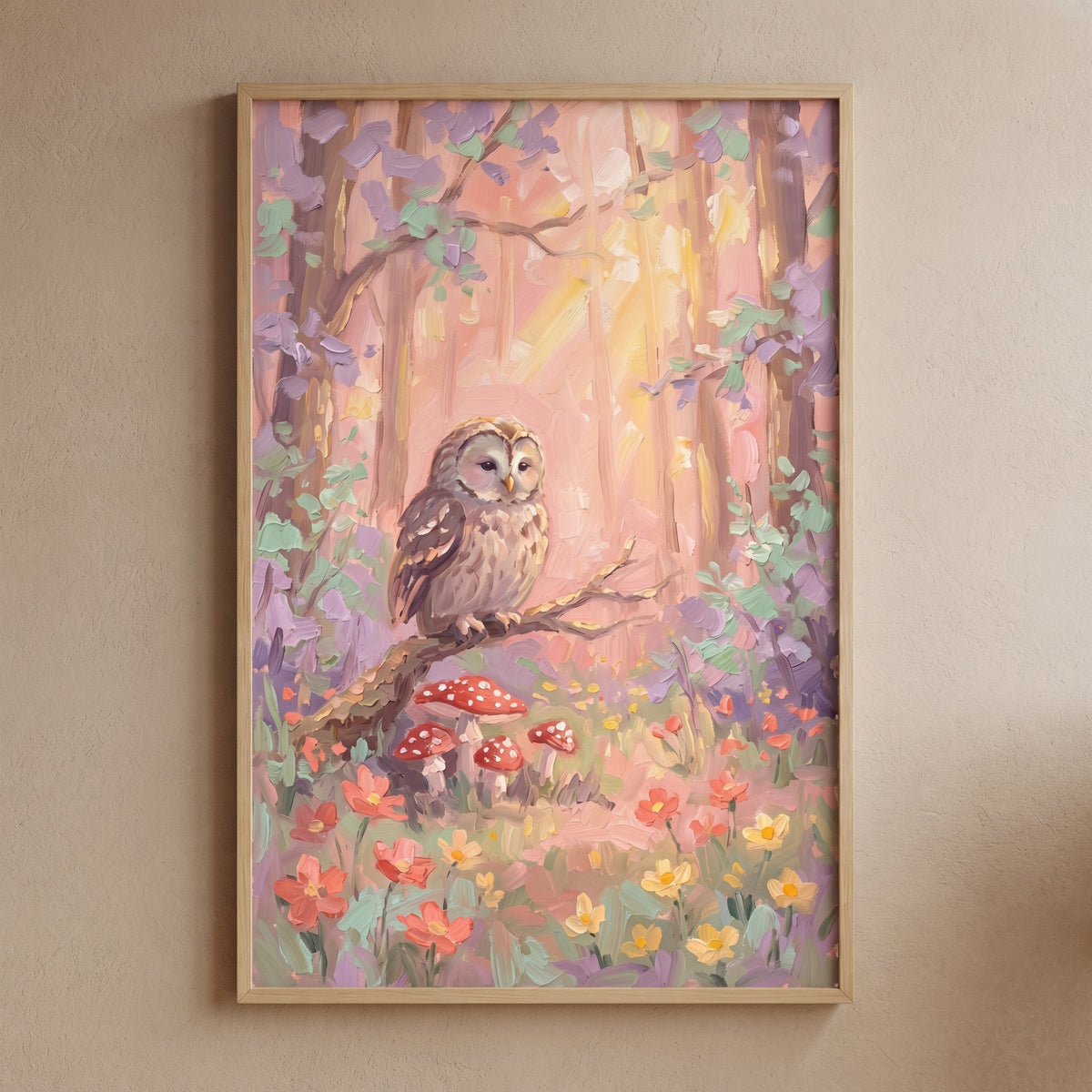 Dreamy impasto owl forest wall art features a brown owl on a branch among pink trees, red mushrooms, and colorful flowers.