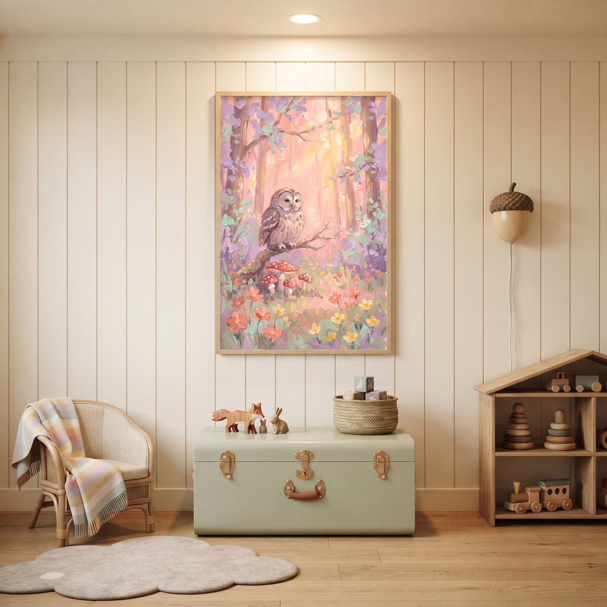 Dreamy Impasto Owl Forest Wall Art - Whimsical Woodland Owl