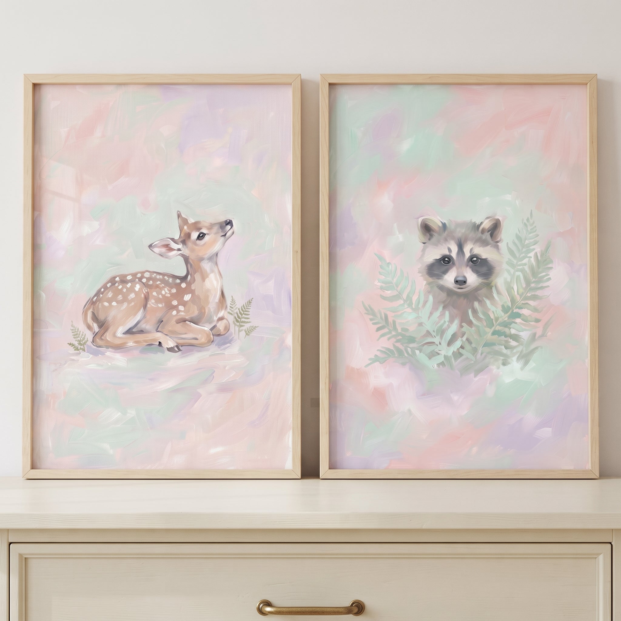 Dreamy Impressionist Forest Animal Wall Art Set of 2 - Soft Woodland Duo