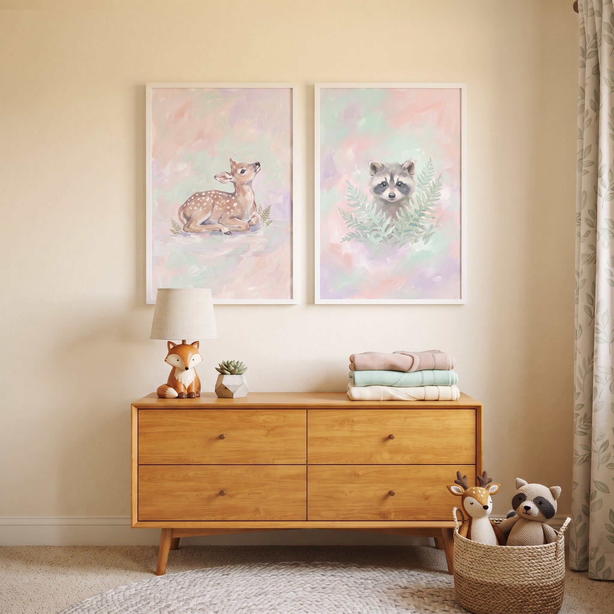 Dreamy Impressionist Forest Animal Wall Art Set of 2 - Soft Woodland Duo