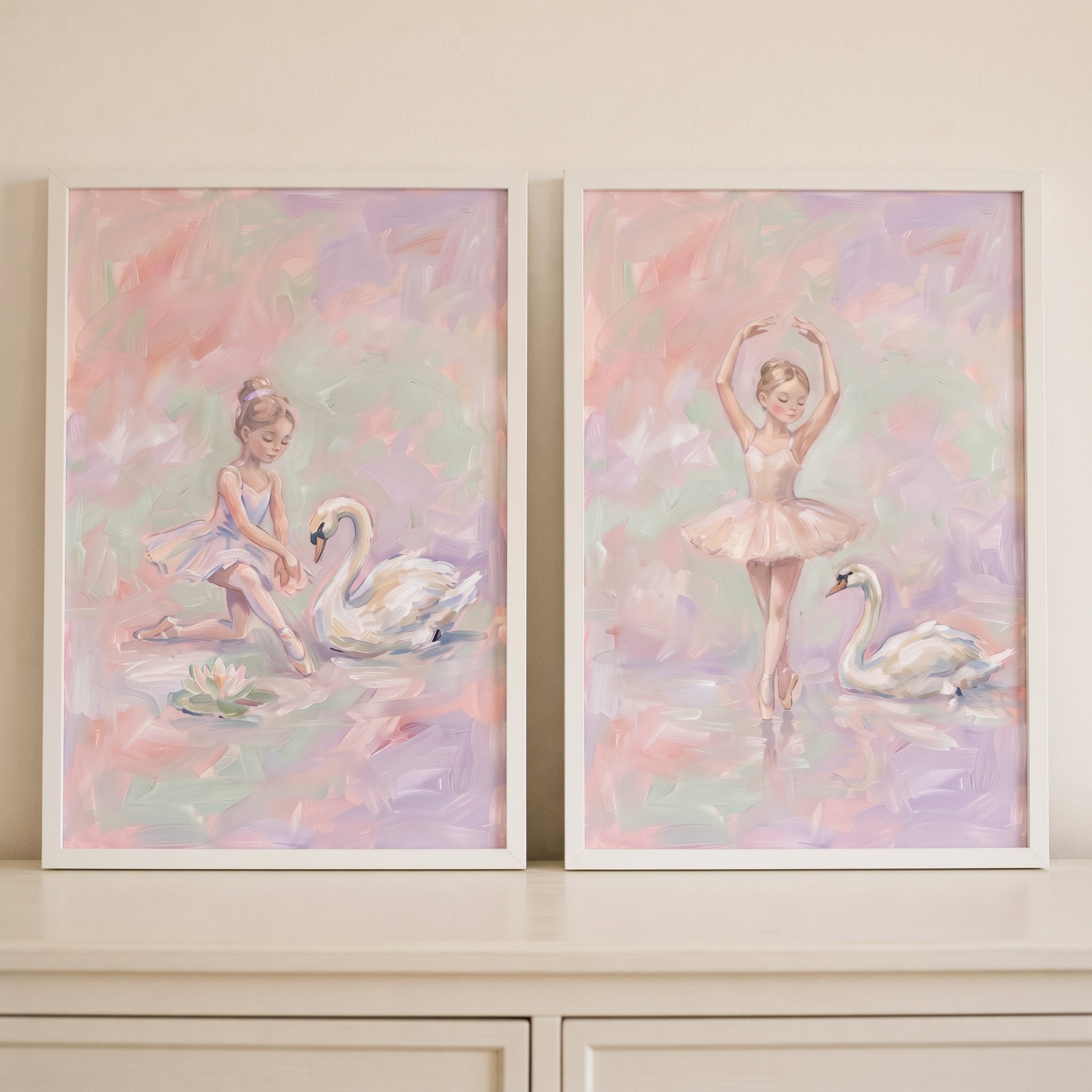 Dreamy Impressionist Swan Ballet Wall Art Set of 2 - Graceful Ballet Duo