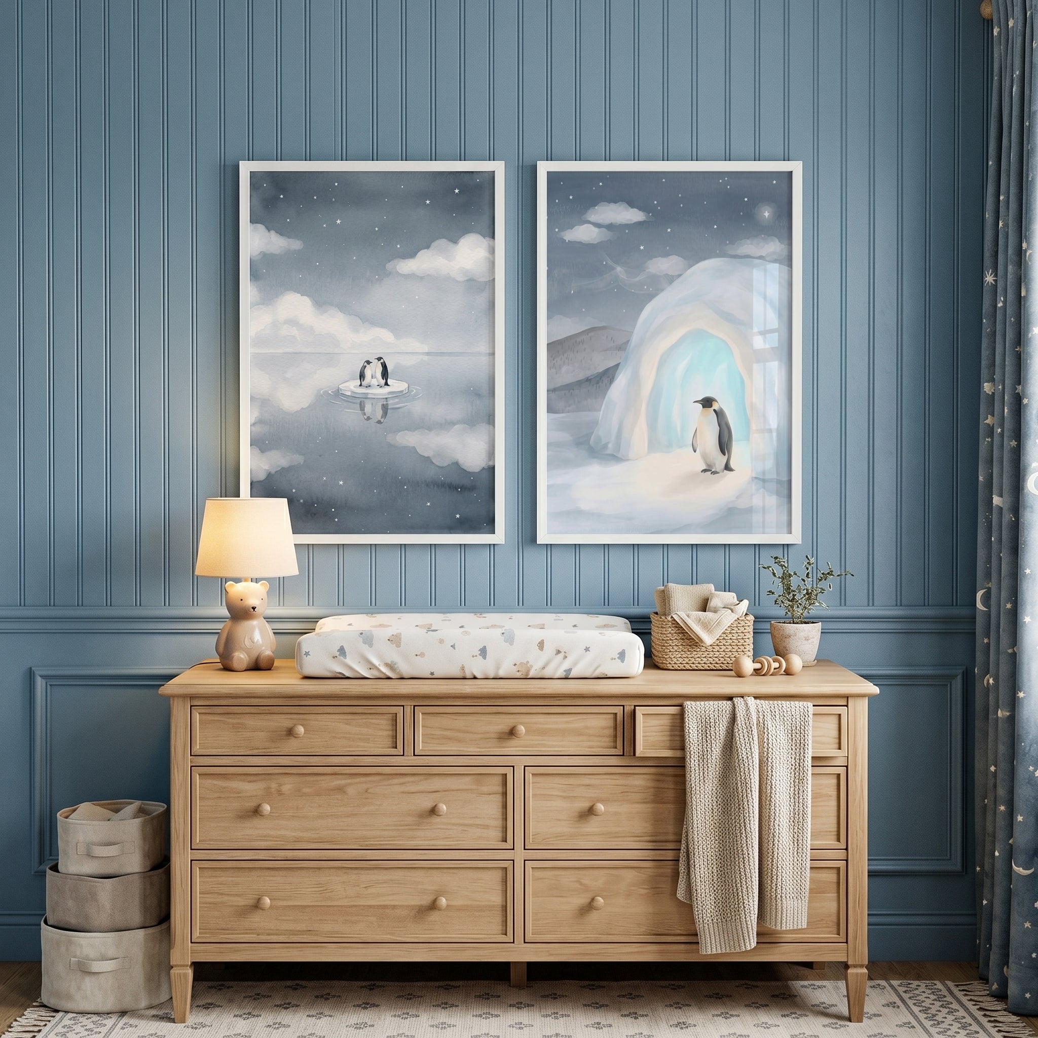 Dreamy Indigo Starry Penguin Wall Art Set of 2 - Icy Penguin Friends