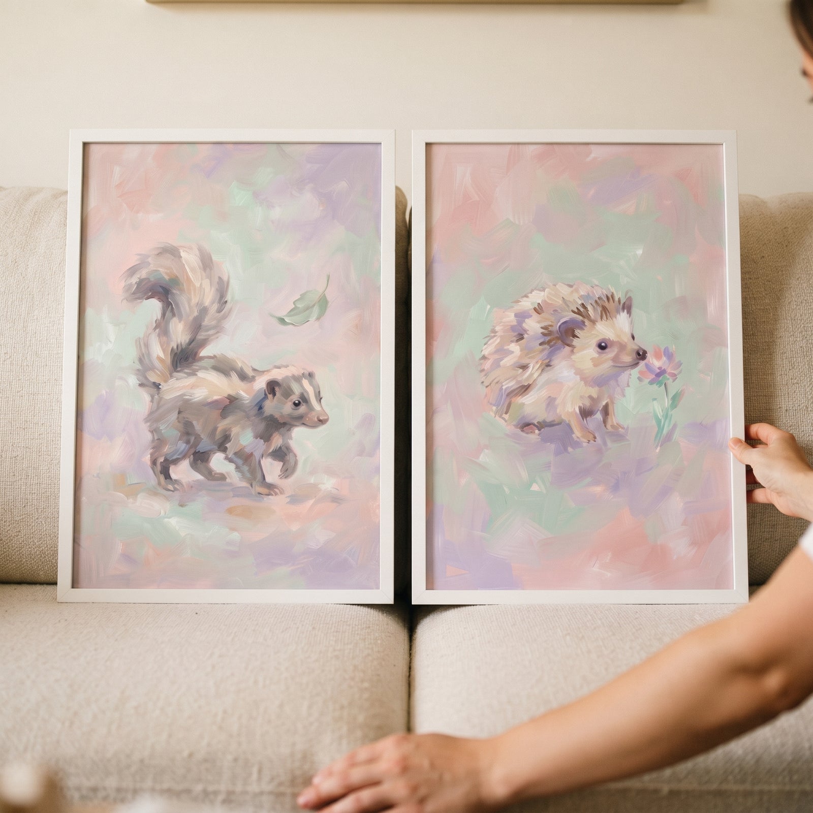 Skunk and hedgehog illustrations in white frames from this dreamy lavender forest animal wall art set of 2.