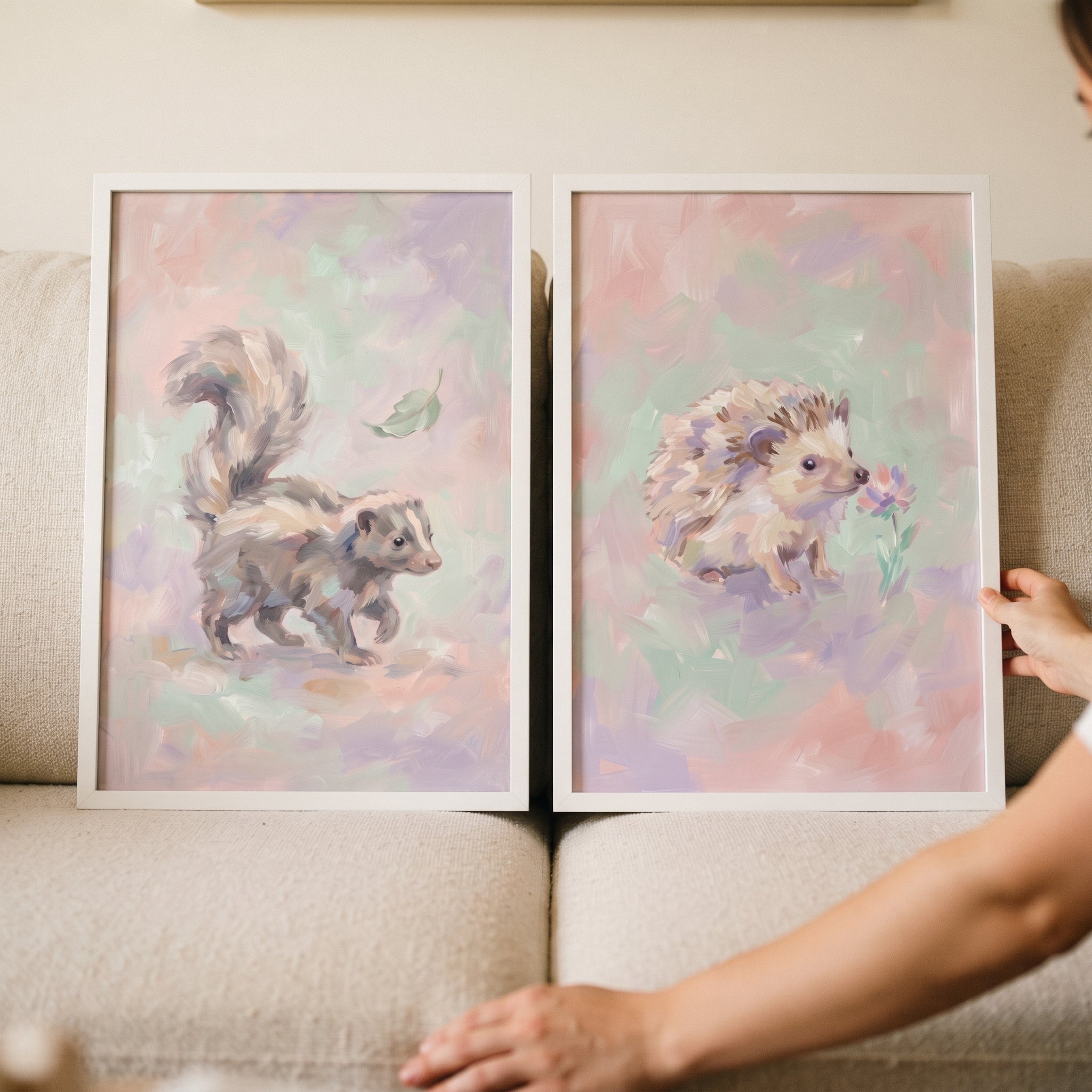 Dreamy Lavender Forest Animal Wall Art Set of 2 - Whimsical Woodland Pair