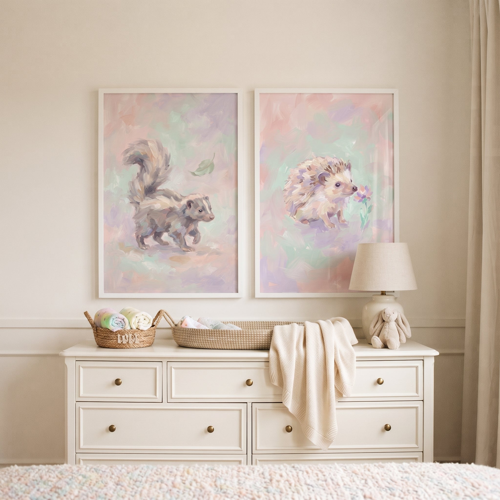Dreamy Lavender Forest Animal Wall Art Set of 2 - Whimsical Woodland Pair