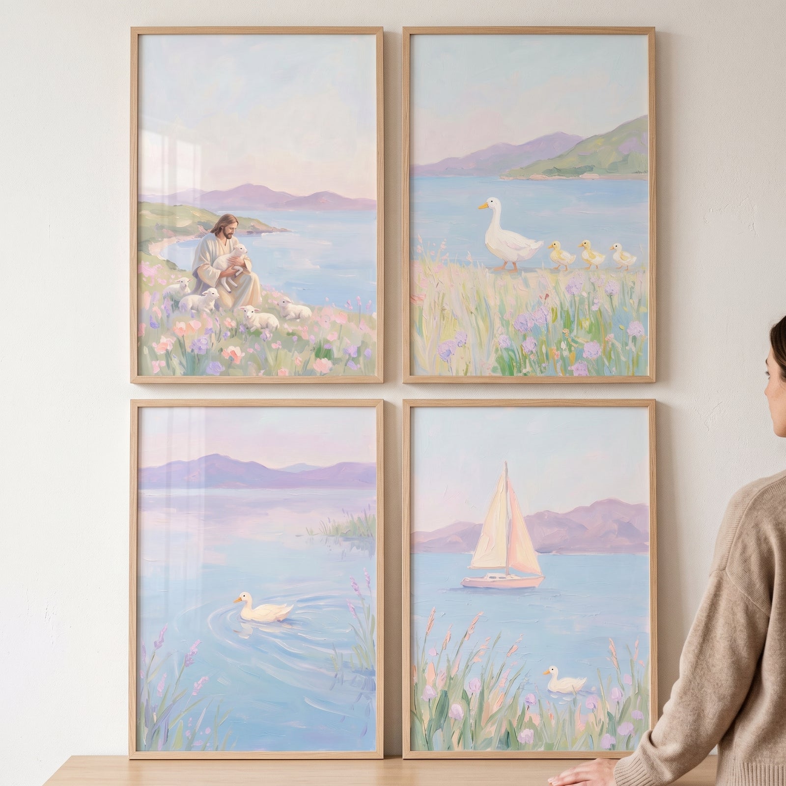 Jesus with lambs and ducks in a dreamy lavender meadow coastal wall art set of 4 featuring a sailboat and soft hills.