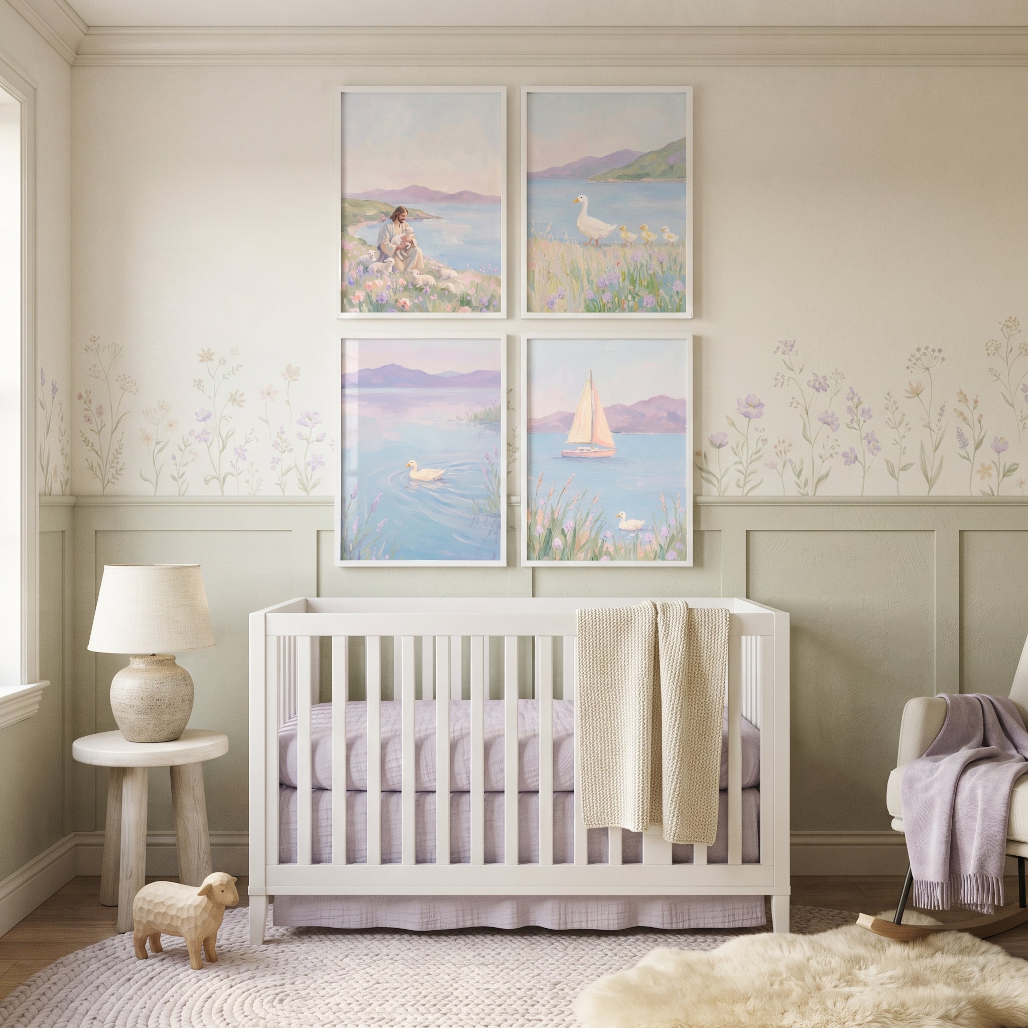 Dreamy Lavender Meadow Coastal Wall Art Set of 4 - Peaceful Jesus Scenes