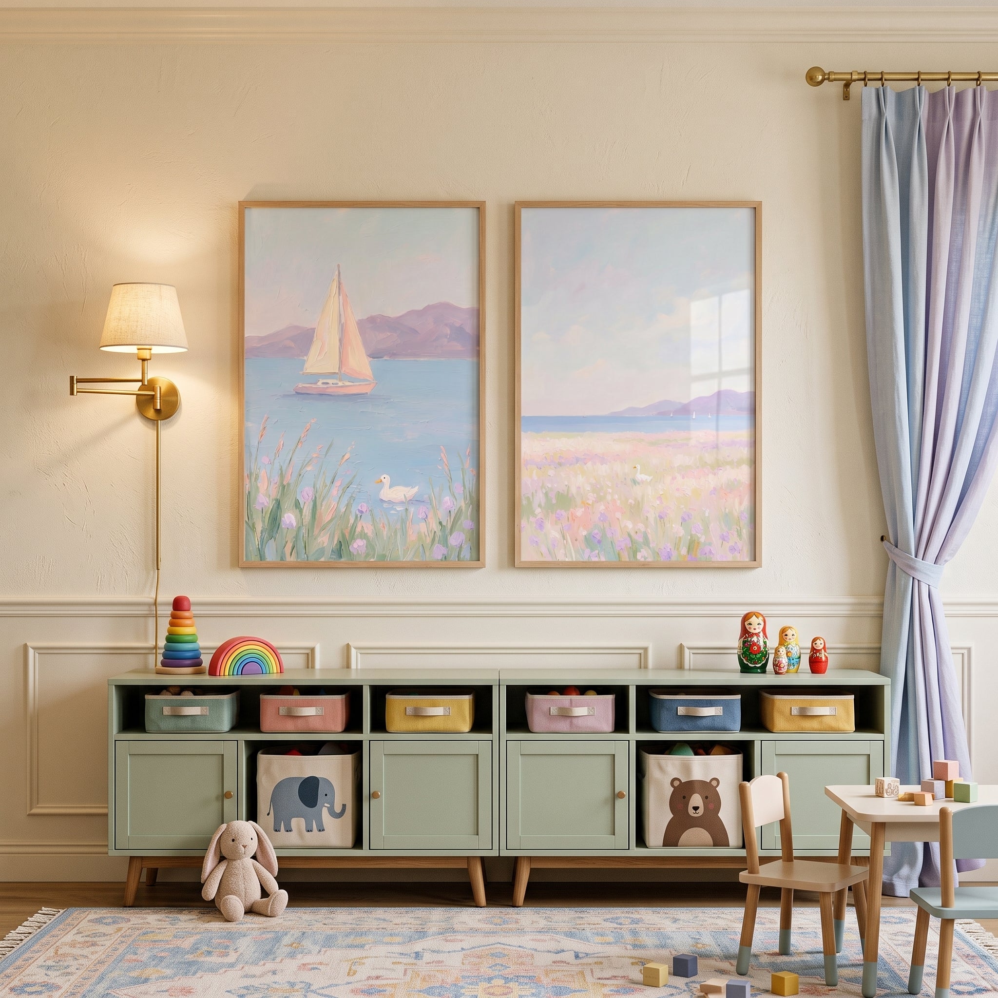 Dreamy Lavender White Duck Wall Art Set of 2 - Serene Sailboat Meadow