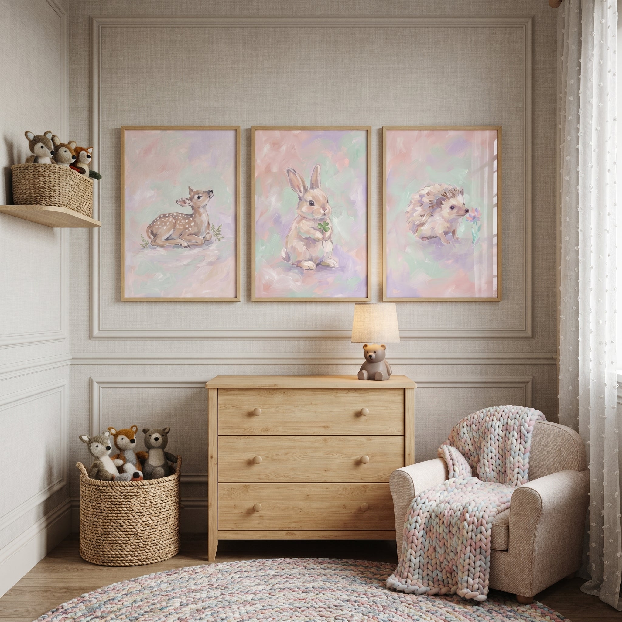 Dreamy Lavender Woodland Animal Wall Art Set of 3 - Whimsical Meadow Trio