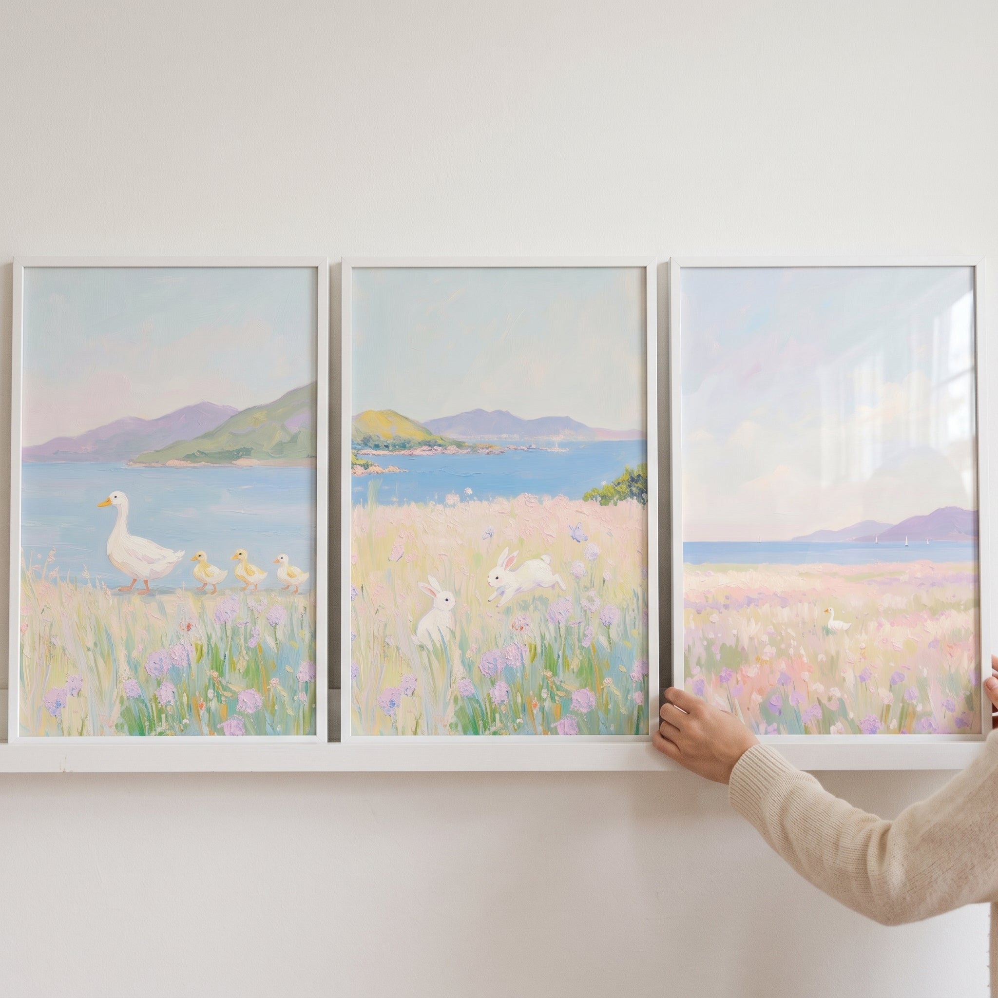 Dreamy Lilac Meadow Animal Wall Art Set of 3 - Pastel Meadow Friends