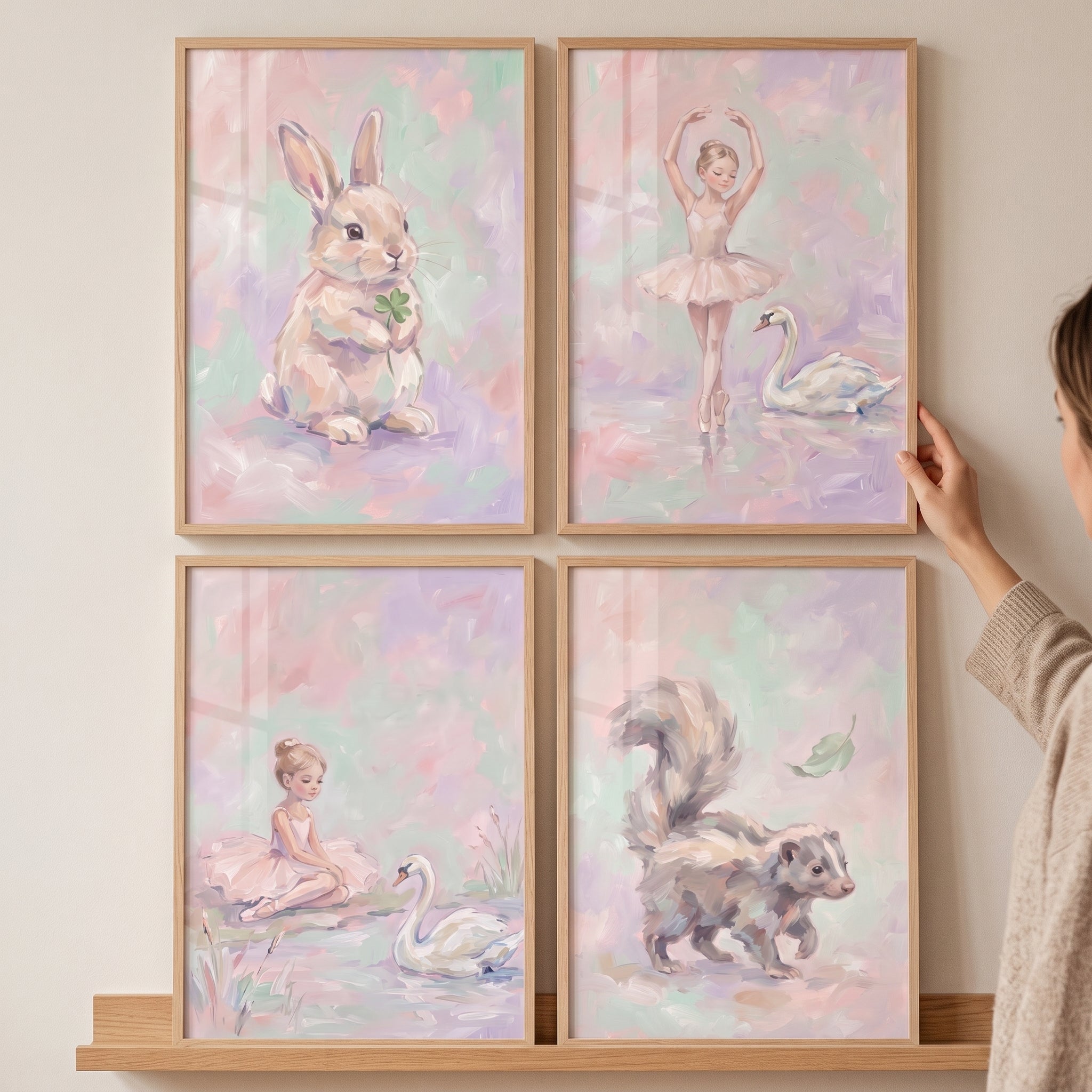 Dreamy Lilac Whimsical Friends Wall Art Set of 4 - Pastel Meadow Dreams