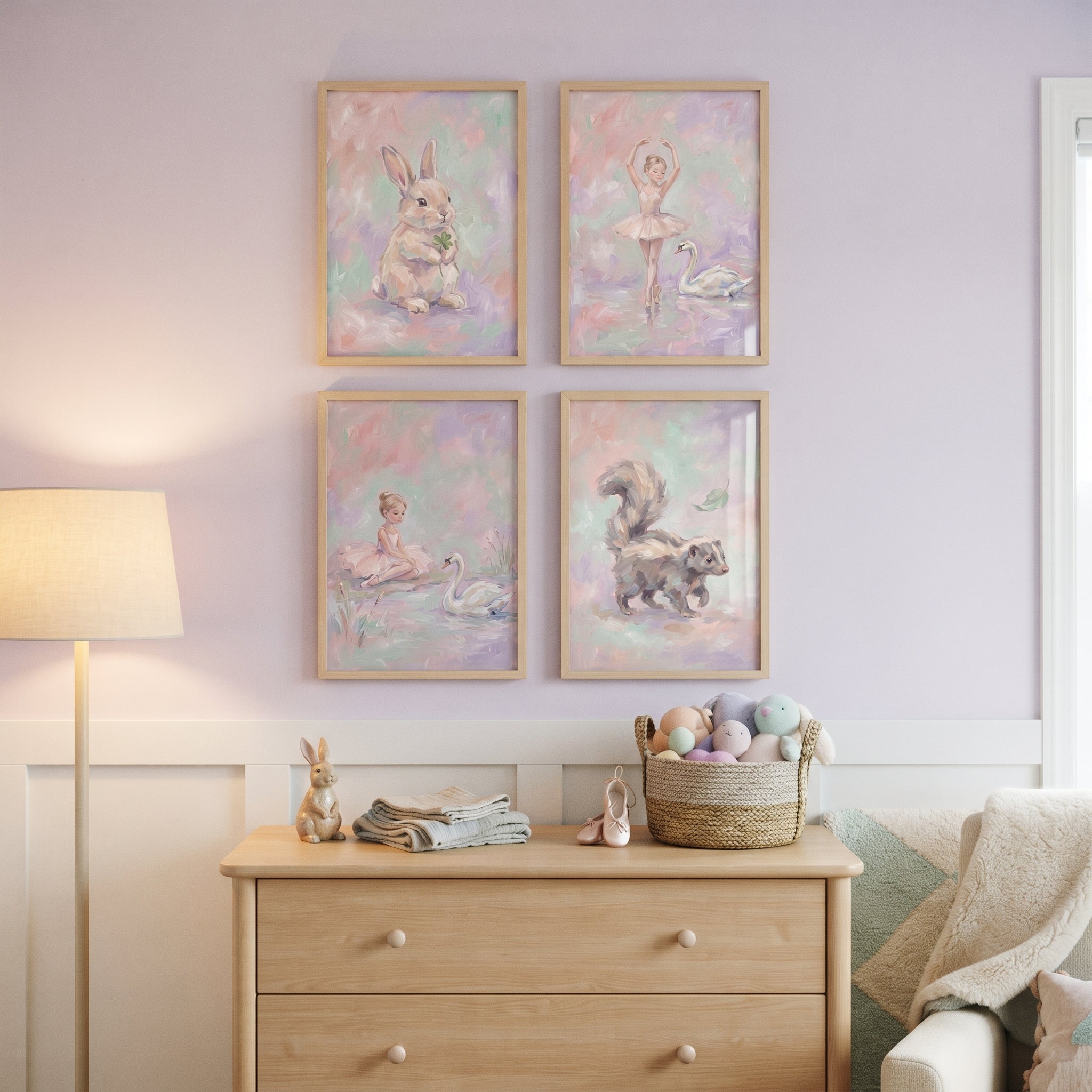 Dreamy Lilac Whimsical Friends Wall Art Set of 4 - Pastel Meadow Dreams