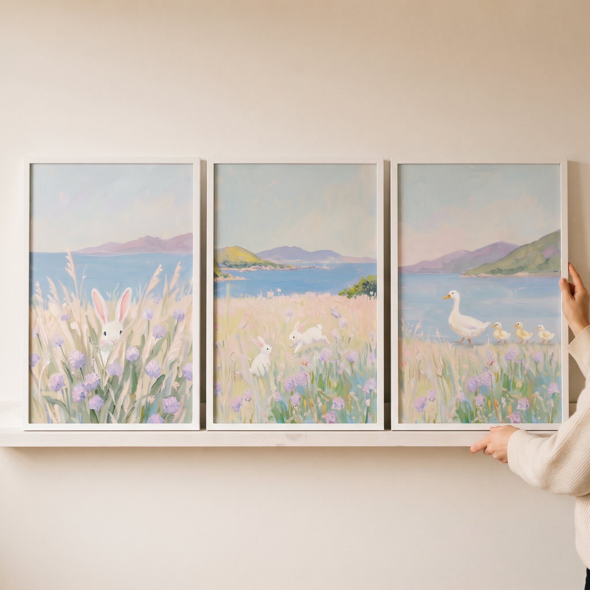 Dreamy Lilac White Animal Wall Art Set of 3 - Meadow Magic Bloom