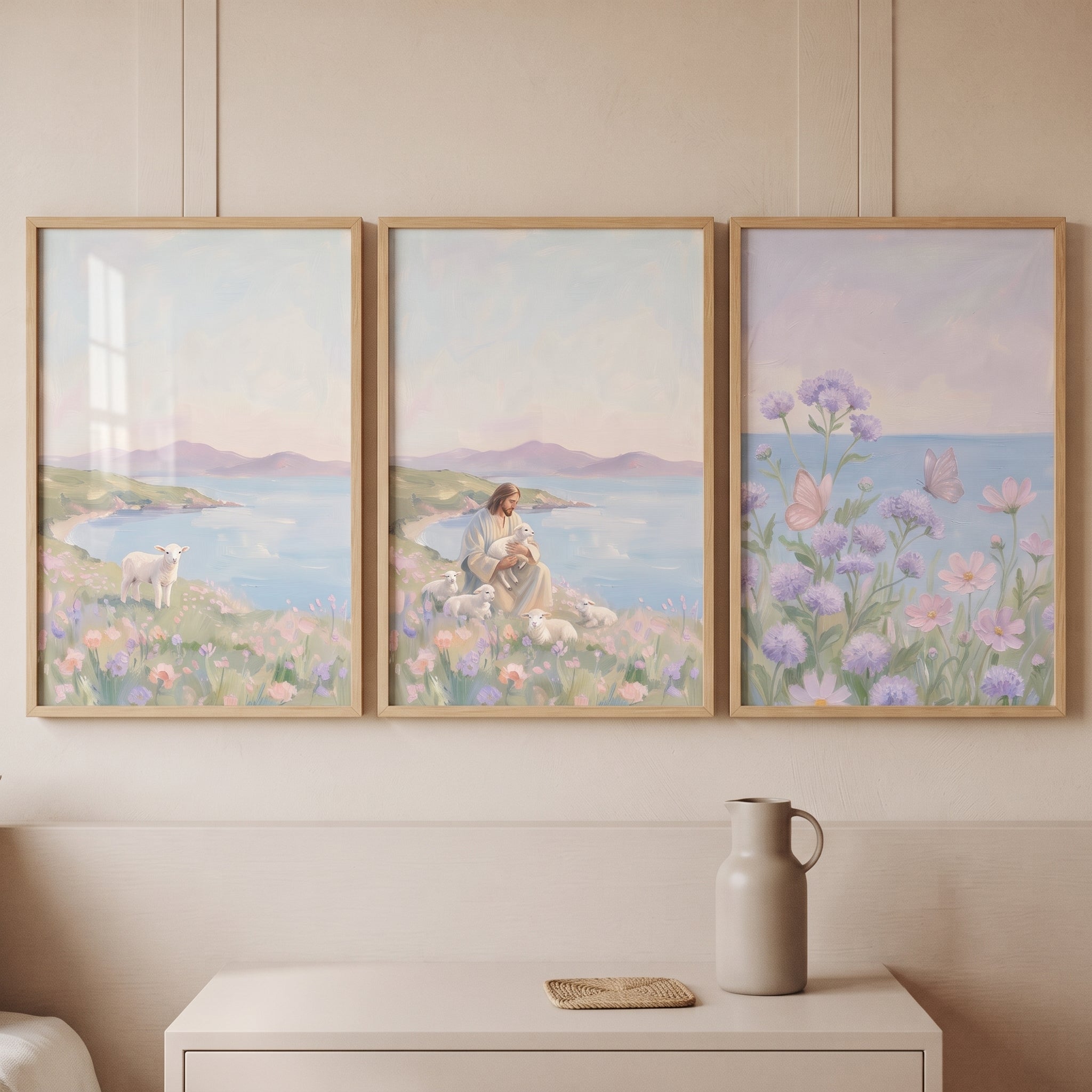 Dreamy Lilac Wildflower Coastal Wall Art Set of 3 - Shepherd Jesus Christ
