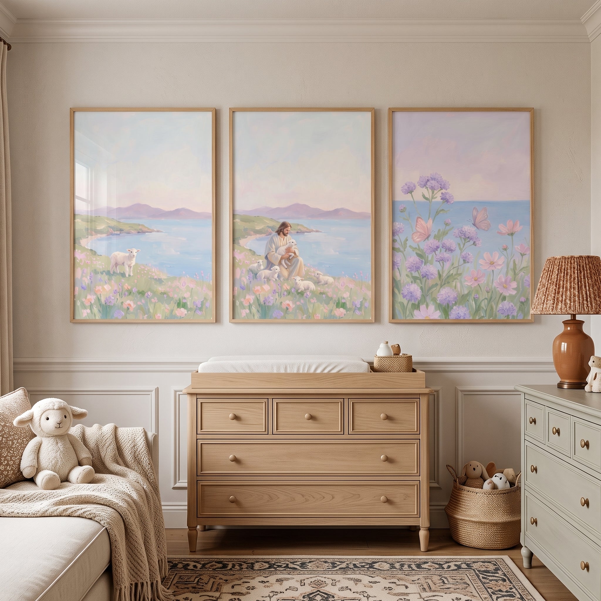 Dreamy Lilac Wildflower Coastal Wall Art Set of 3 - Shepherd Jesus Christ