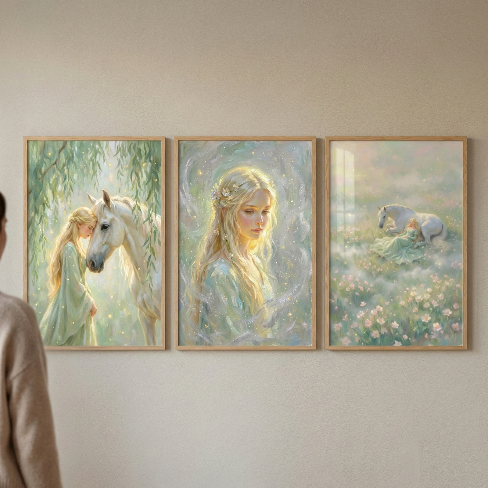 Three framed vertical illustrations hang on a neutral wall. Each artwork depicts an ethereal scene with a blonde woman in a flowing green gown and a white horse. The left piece shows them under weeping greenery with golden light. The center is a close-up portrait of the woman surrounded by luminous mist. The right shows them resting in a flower field under a hazy sky. The pieces are set in simple light wood frames. On the left, a person is seen from behind observing the display.
