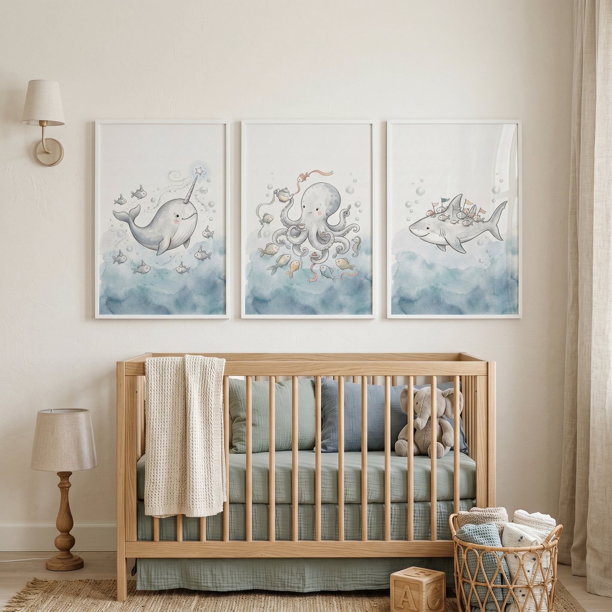 Dreamy Nautical Sea Animal Wall Art Set of 3 - Magical Undersea Tales