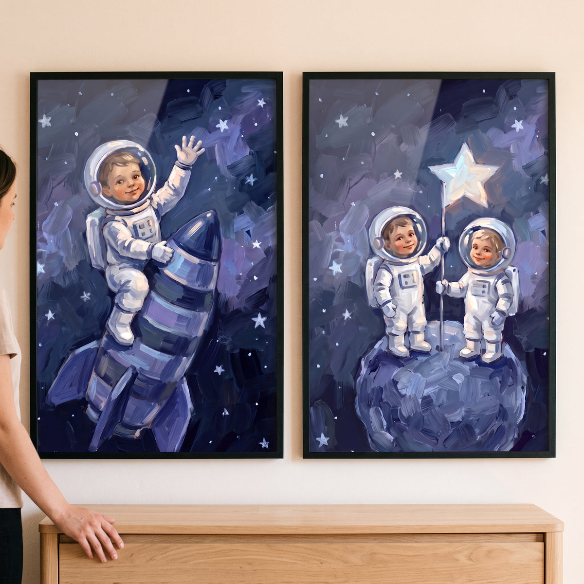 Dreamy Navy Baby Astronaut Wall Art Set of 2 - Stellar Childhood Dreams