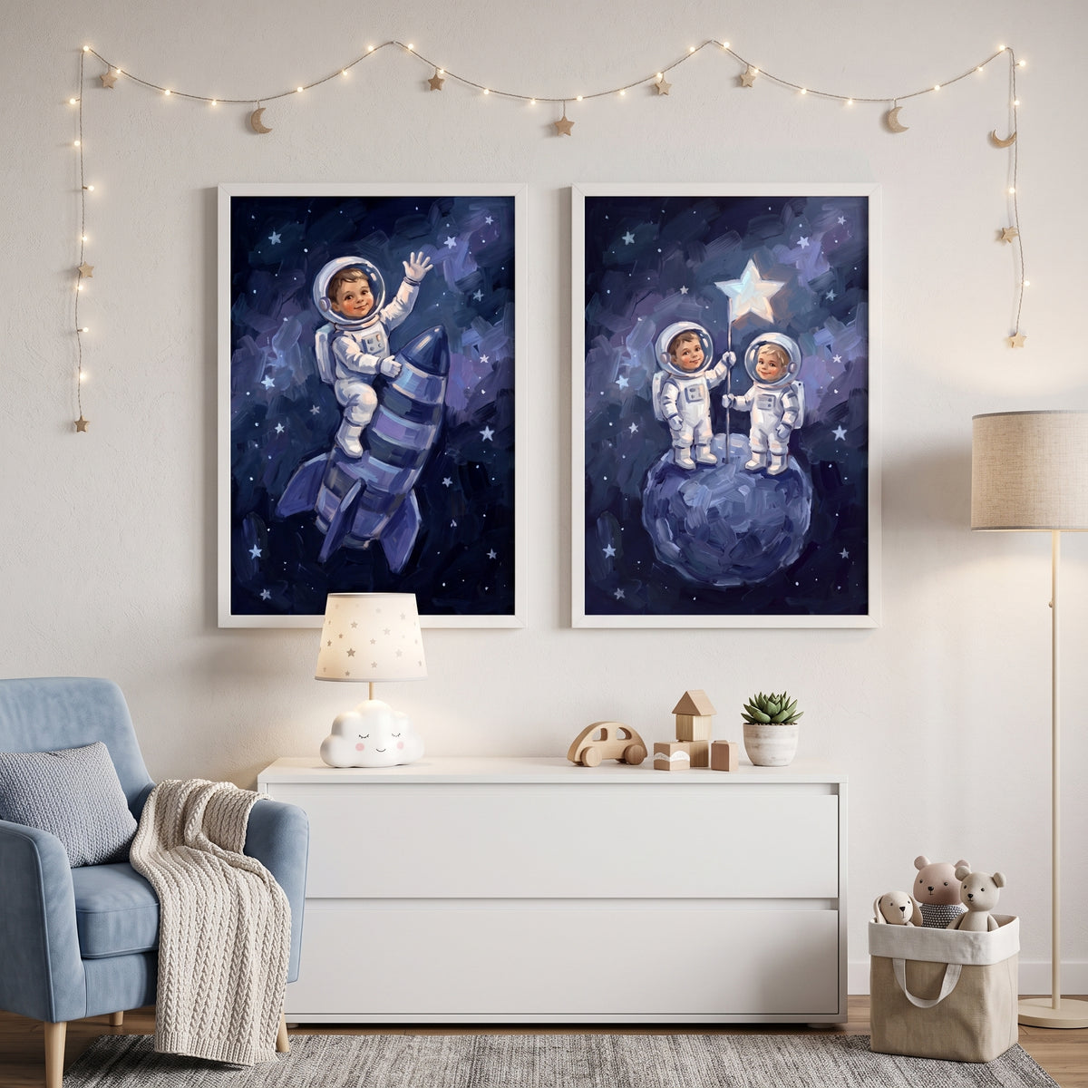Dreamy Navy Baby Astronaut Wall Art Set of 2 - Stellar Childhood Dreams