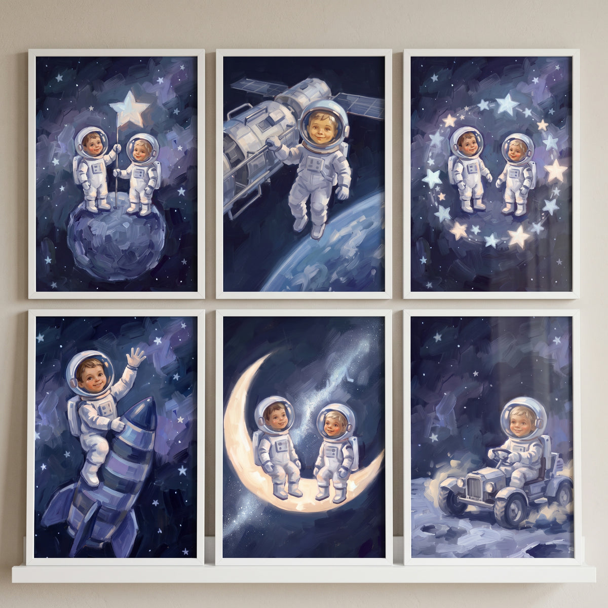 Dreamy nebula baby astronaut wall art set of 6 with explorers on a rocket, moons, a satellite, and a rover.