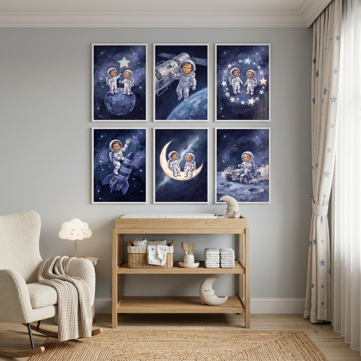Dreamy Nebula Baby Astronaut Wall Art Set of 6 - Little Space Explorers