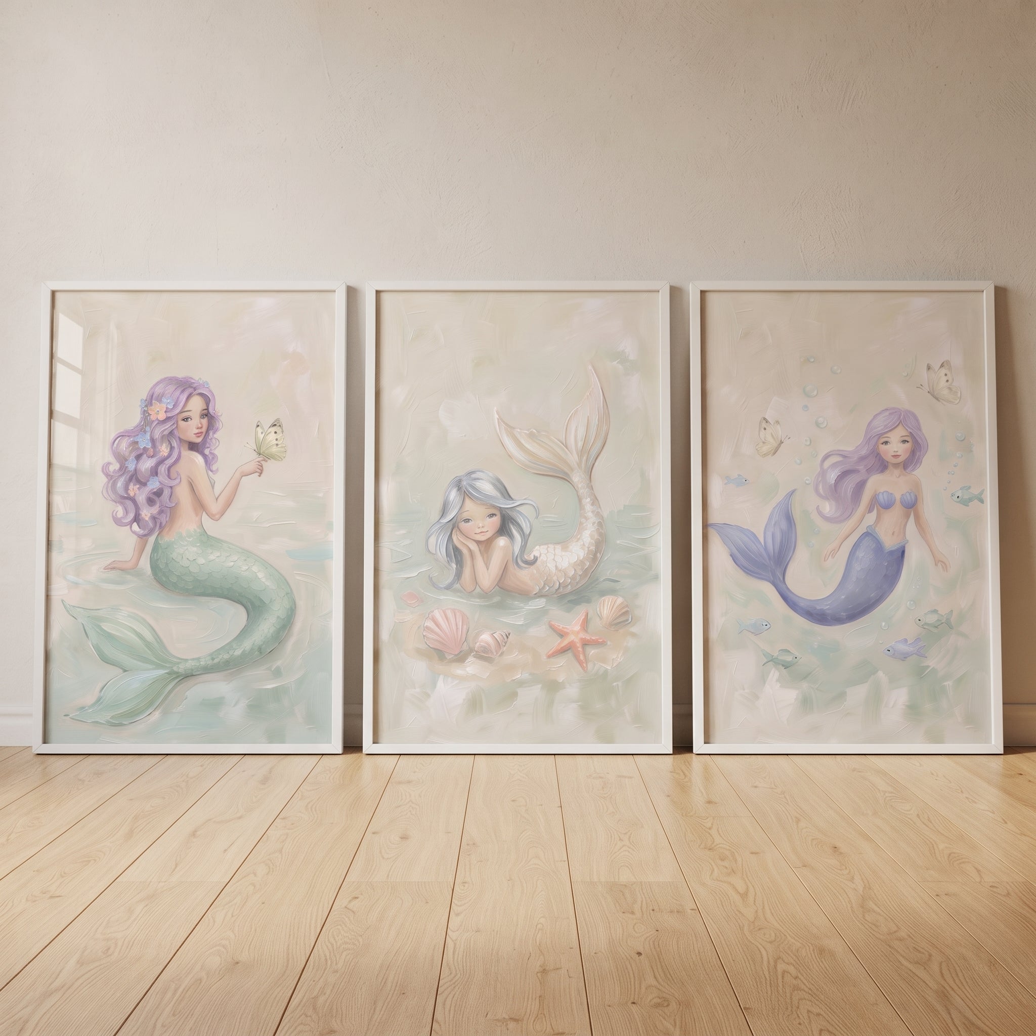Dreamy Ocean Pastel Mermaid Wall Art Set of 3 - Ocean Dream Mermaids