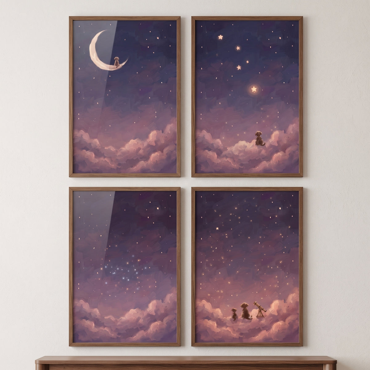 Dreamy orchid girl dog wall art set of 4 shows a girl and dog in a starry purple sky with clouds, a moon, and a telescope.