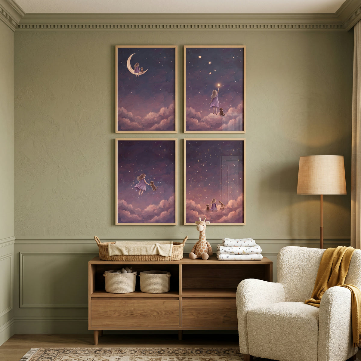 Dreamy Orchid Girl Dog Wall Art Set of 4 - Starry Night Journey