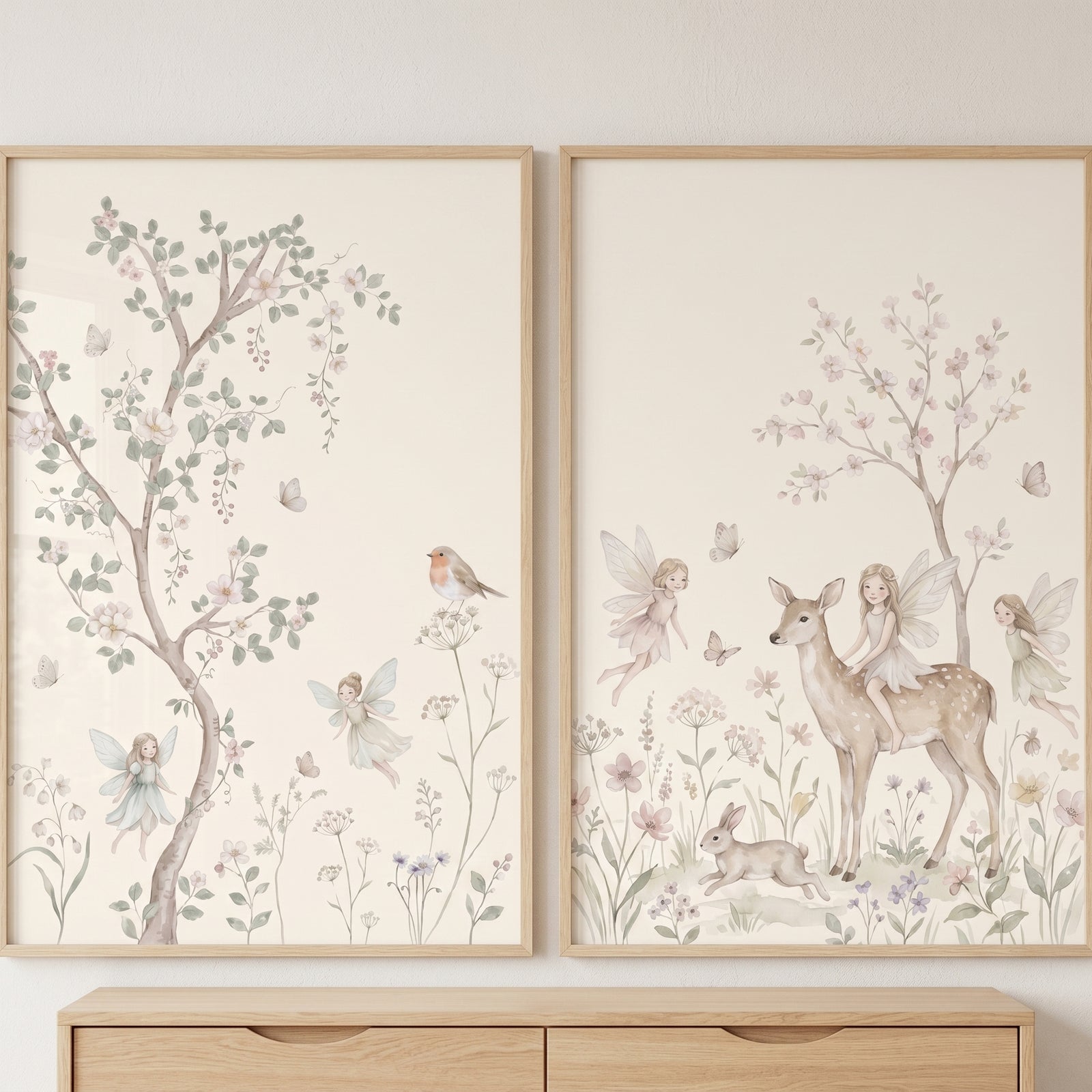 Dreamy pastel blossom fairies wall art set of 2 showing deer, rabbits, and birds in a soft floral woodland setting.