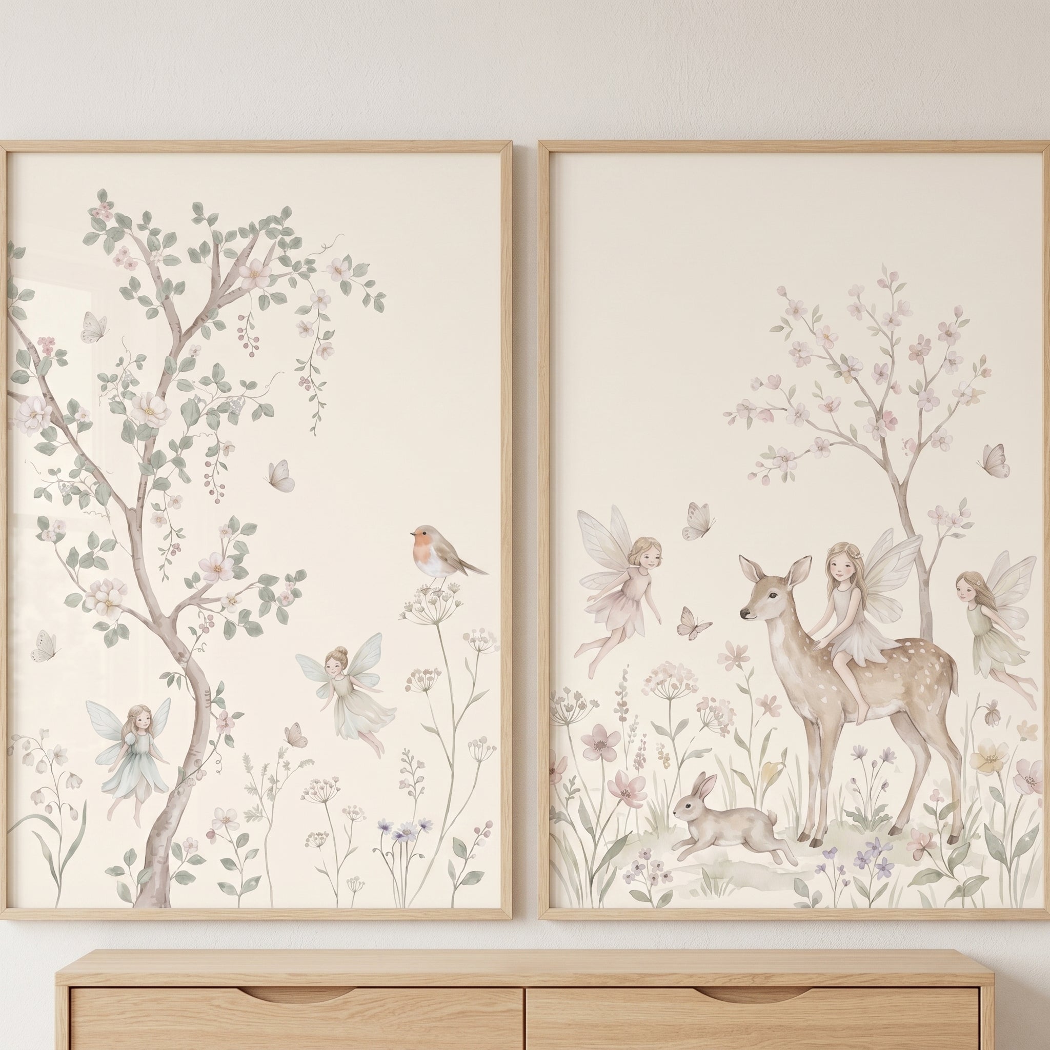 Dreamy Pastel Blossom Fairies Wall Art Set of 2 - Enchanted Meadow Magic
