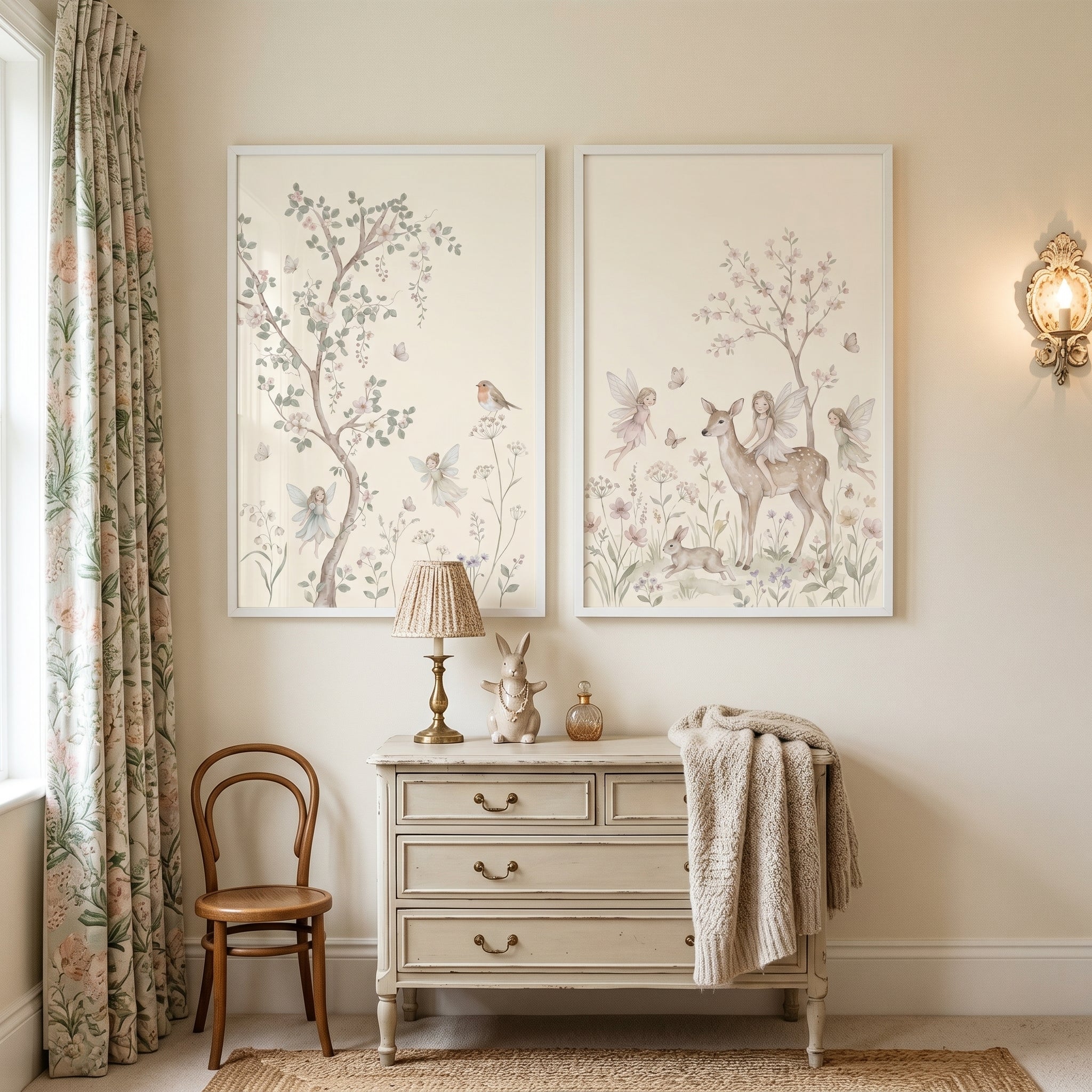 Dreamy Pastel Blossom Fairies Wall Art Set of 2 - Enchanted Meadow Magic