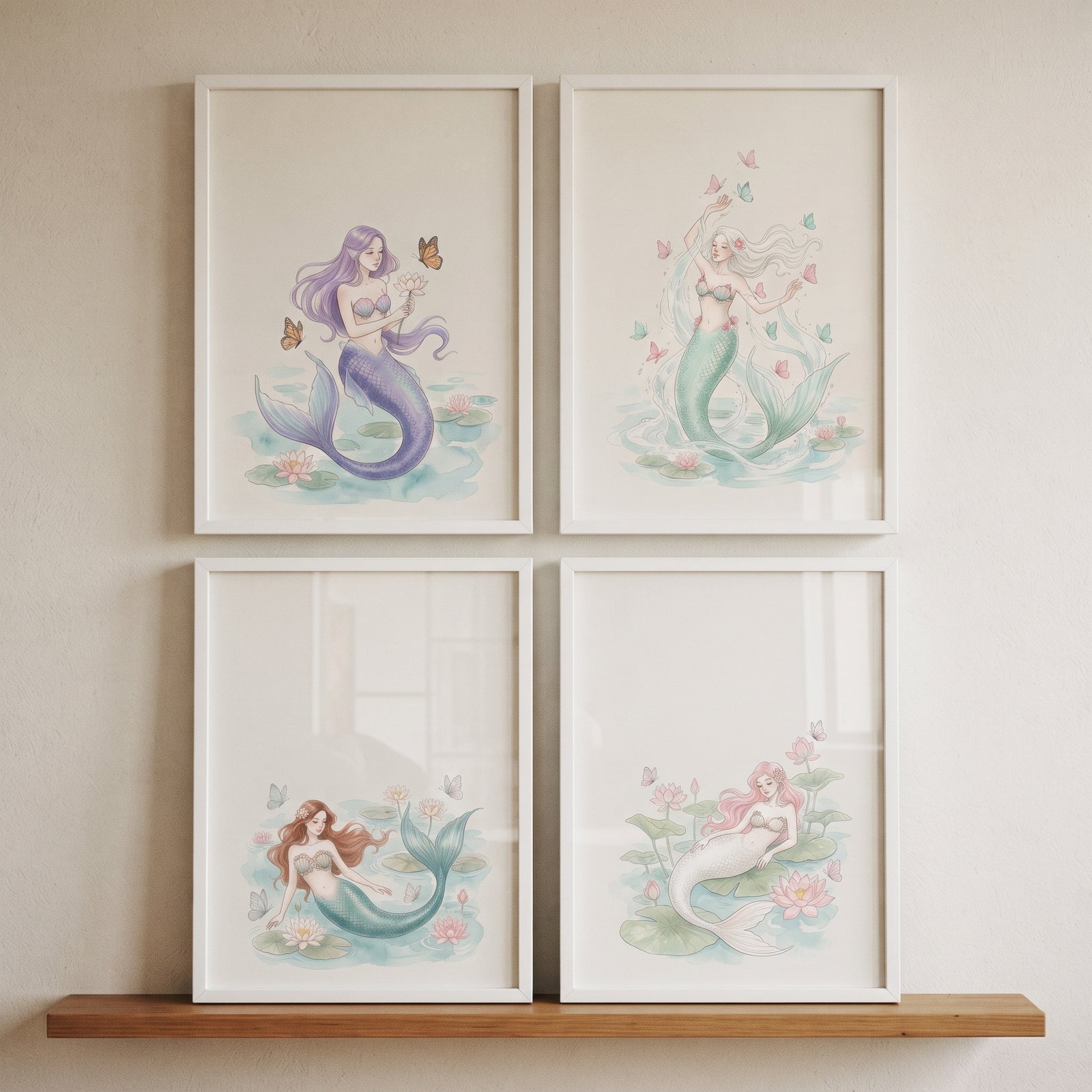 Four white frames with dreamy pastel butterfly mermaid wall art set of 4 featuring lotus flowers on a wooden shelf.