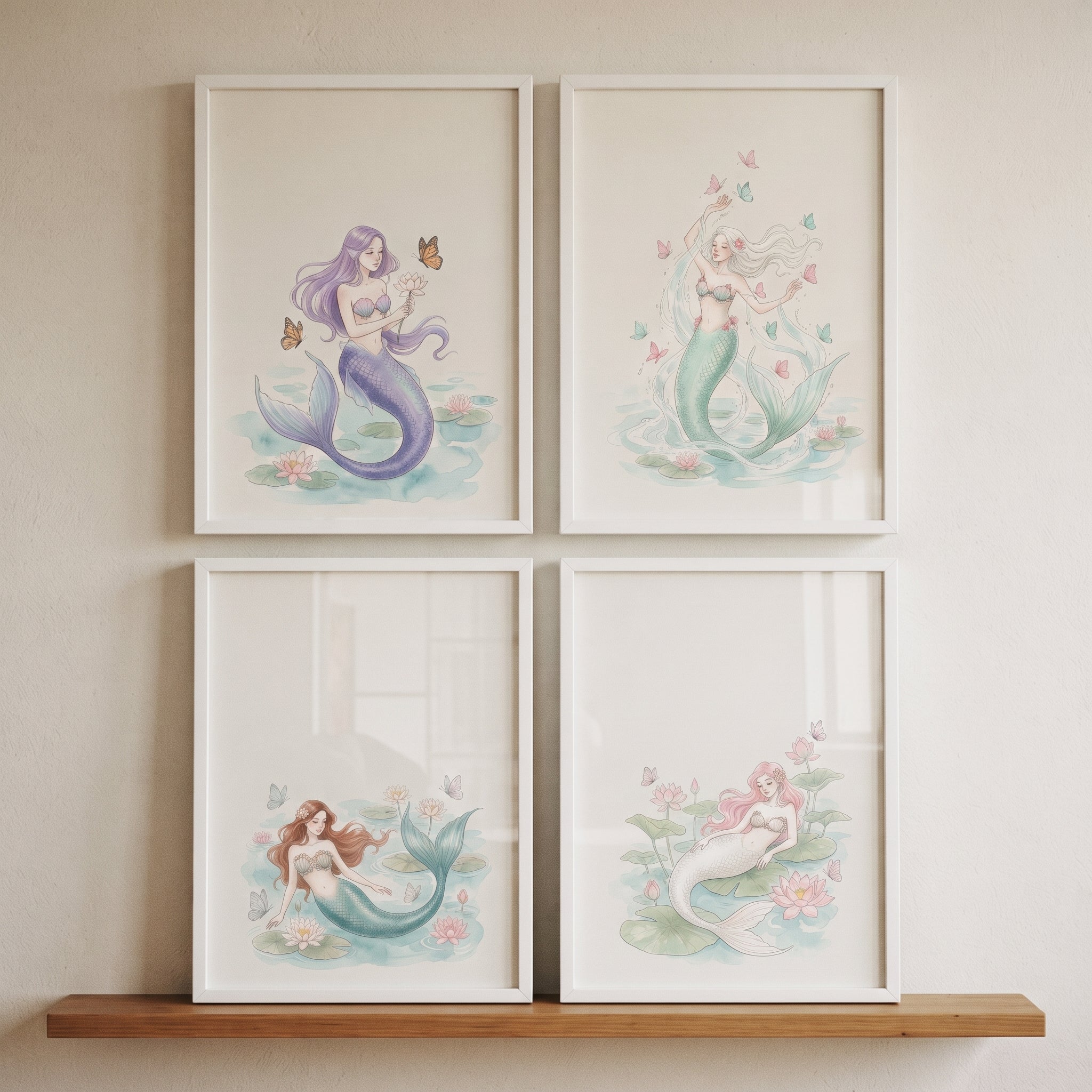 Dreamy Pastel Butterfly Mermaid Wall Art Set of 4 - Whimsical Mermaid Dreams