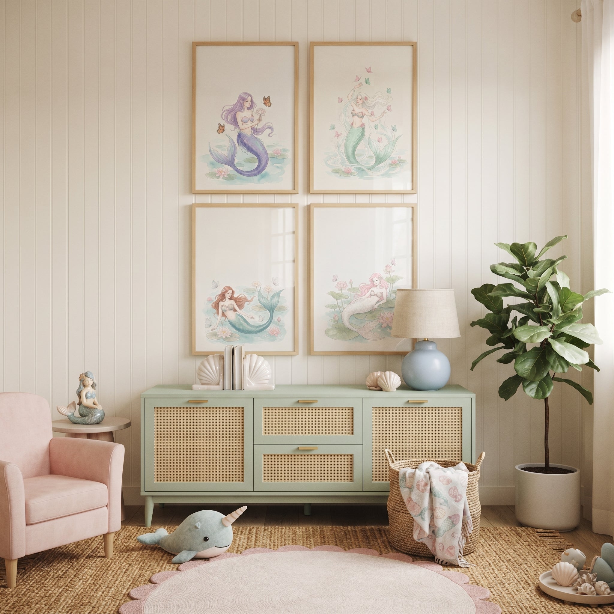 Dreamy Pastel Butterfly Mermaid Wall Art Set of 4 - Whimsical Mermaid Dreams