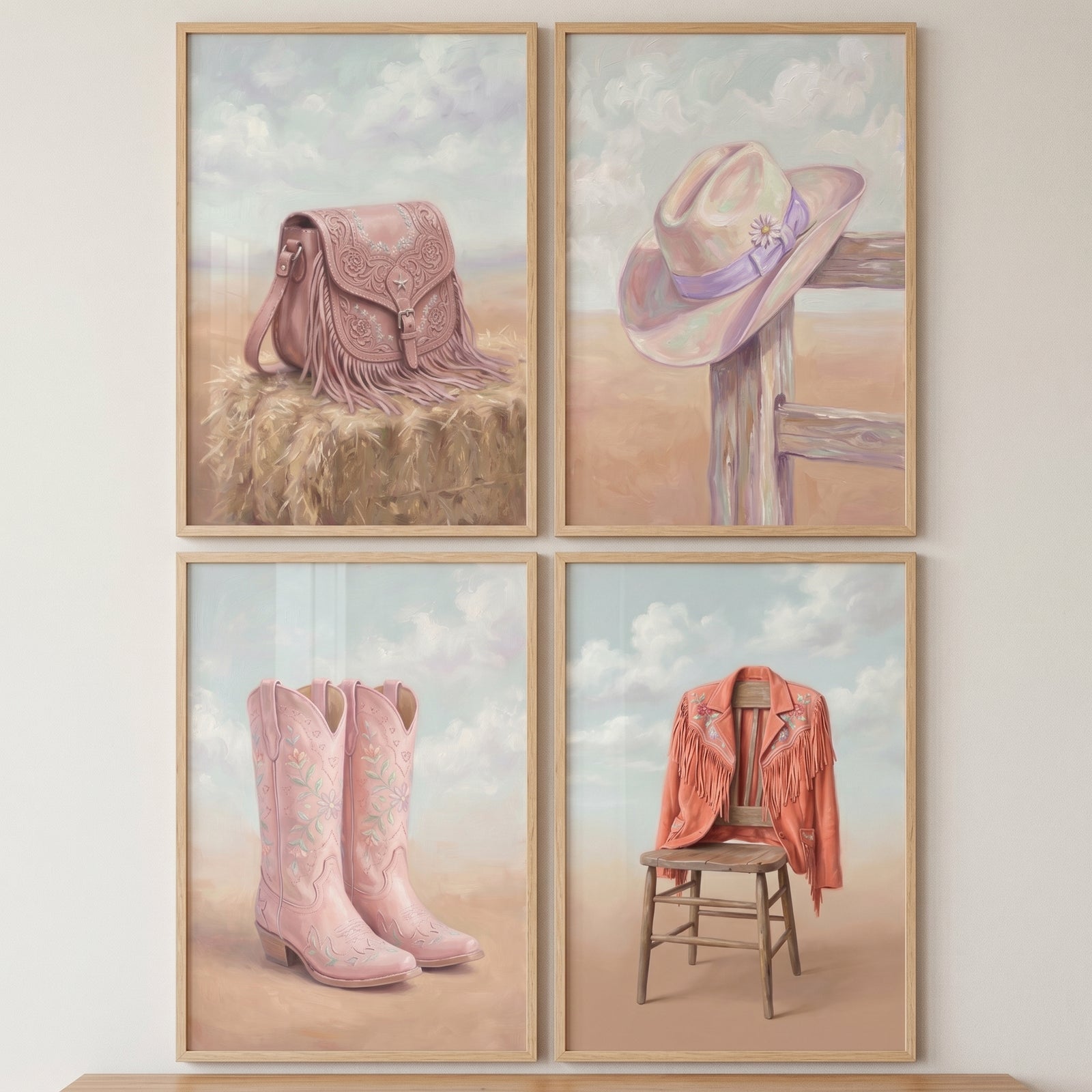 Dreamy pastel cowgirl gear wall art set of 4 with a fringed purse, cowboy hat, pink boots, and an orange western jacket.