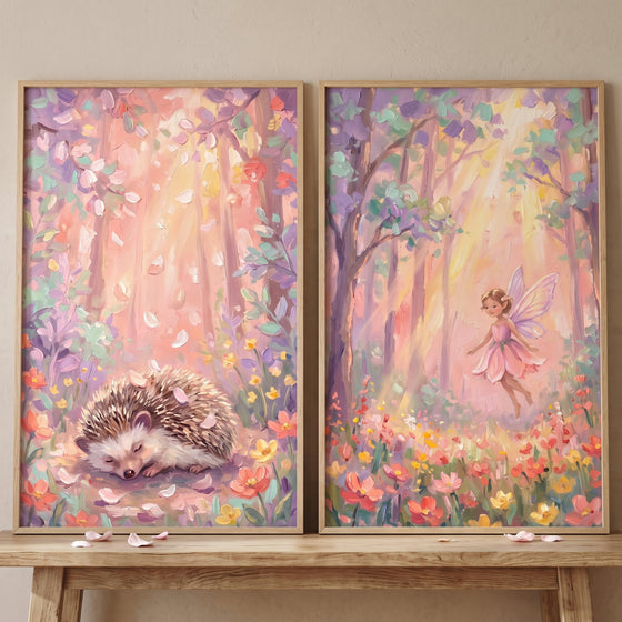 Sleeping hedgehog and flying fairy in this dreamy pastel enchanted forest wall art set of 2.