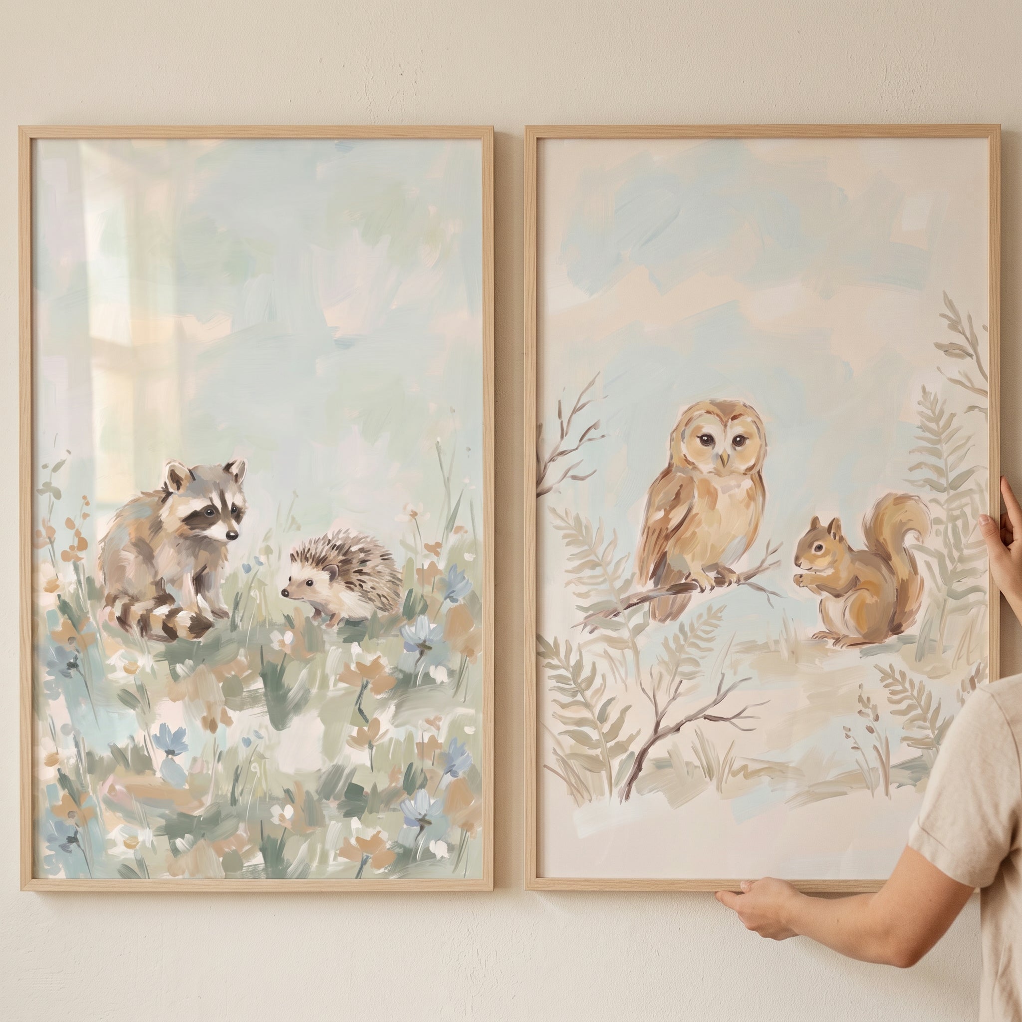 Dreamy Pastel Forest Animals Wall Art Set Of 2 - Whimsical Forest Life