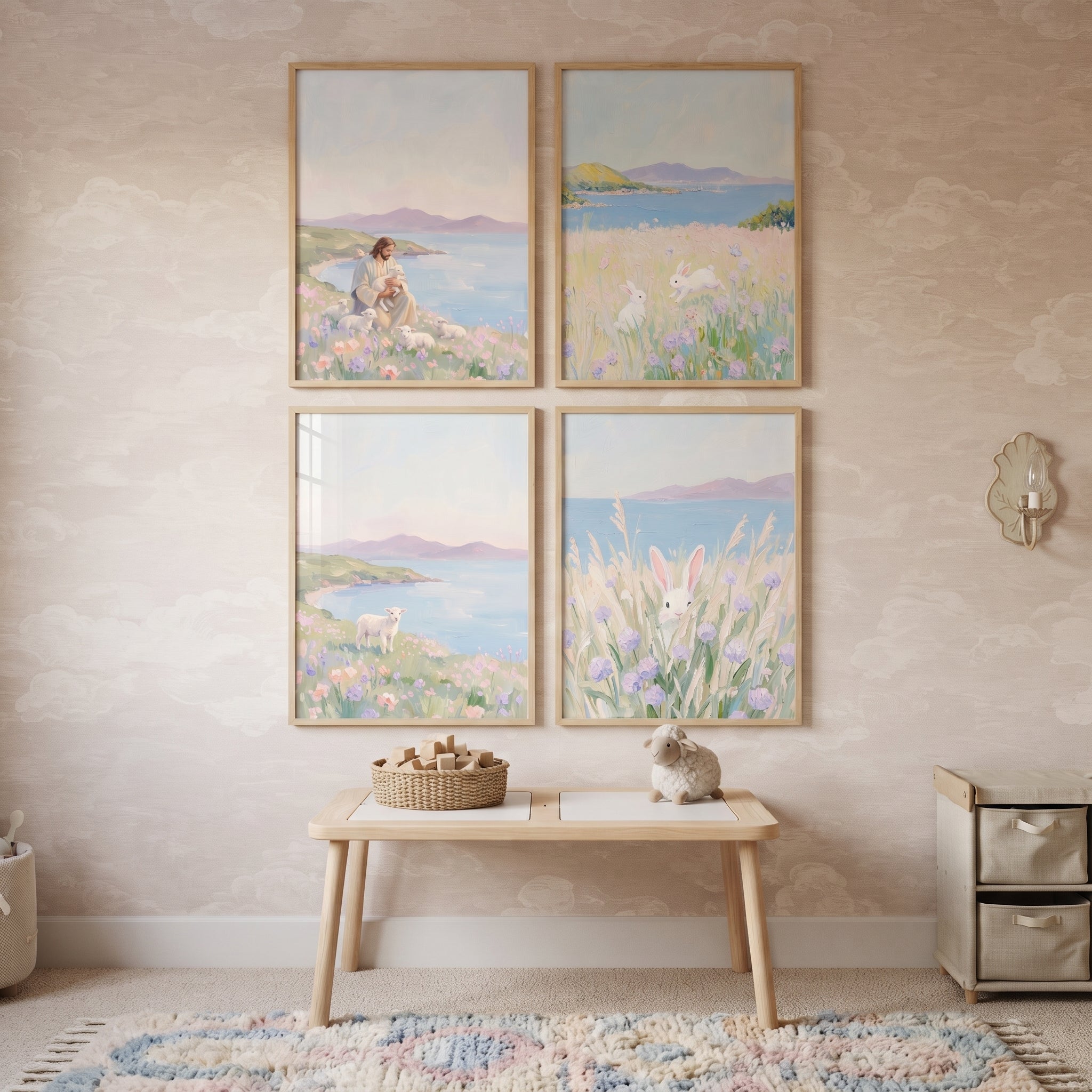 Dreamy Pastel Meadow Coastal Wall Art Set of 4 - Serene Coastal Grace