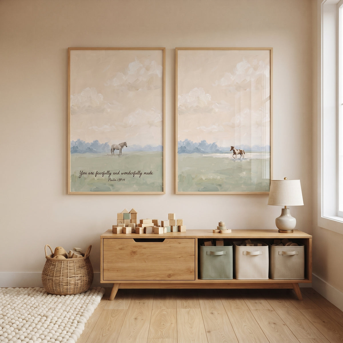 Dreamy Pastel Meadow Horse Wall Art Set of 2 - Wonderfully Made Horses