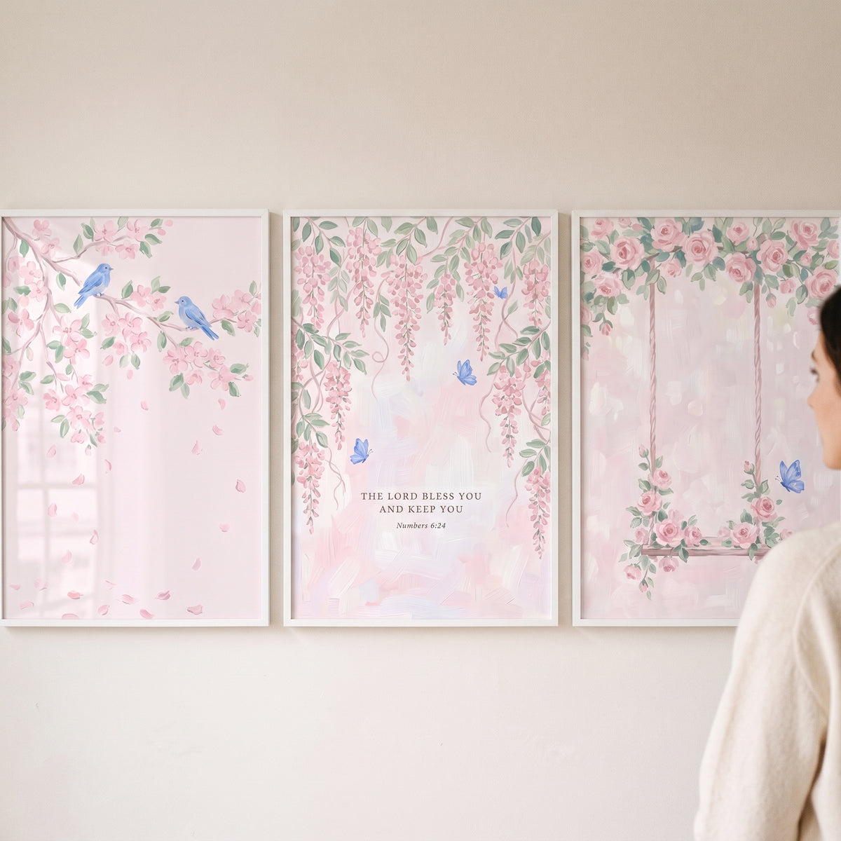 Dreamy Pastel Pink Garden Wall Art Set of 3 - Heavenly Floral Trio