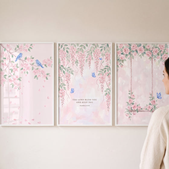 Dreamy pastel pink garden wall art set of 3 featuring blue birds, wisteria, a floral swing, and a scripture verse.
