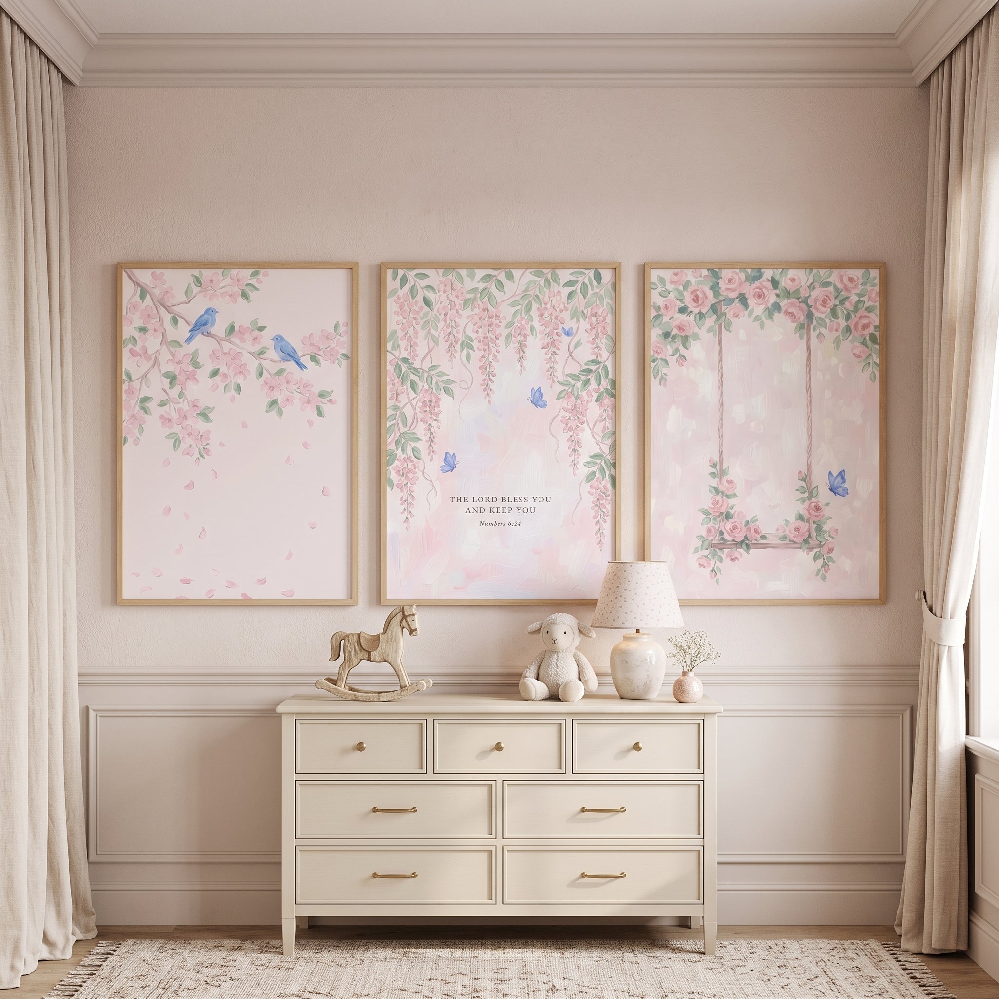 Dreamy Pastel Pink Garden Wall Art Set of 3 - Heavenly Floral Trio