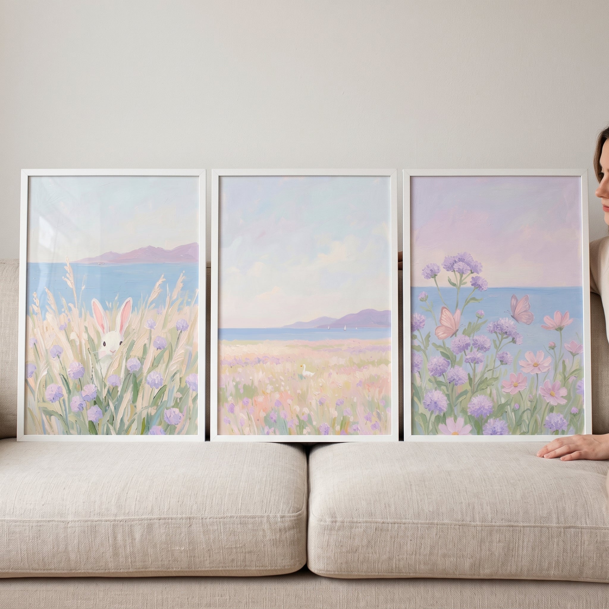 Dreamy Pastel Seaside Landscape Artwork Set of 3 - Soft Coastal Garden