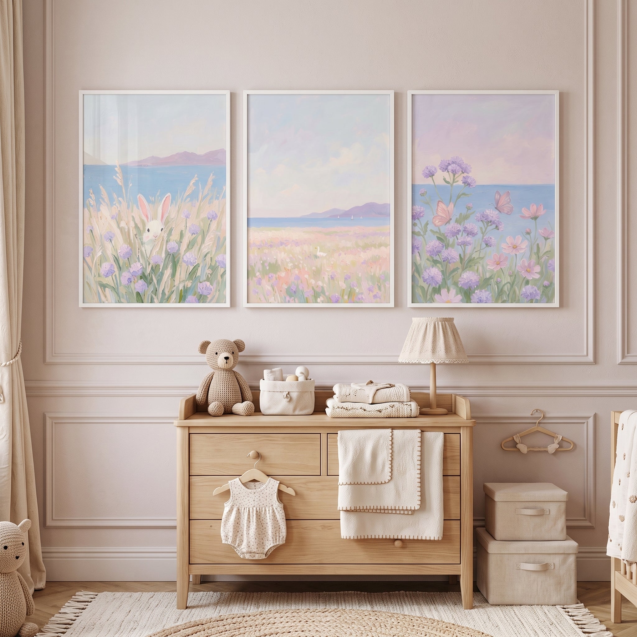 Dreamy Pastel Seaside Landscape Artwork Set of 3 - Soft Coastal Garden