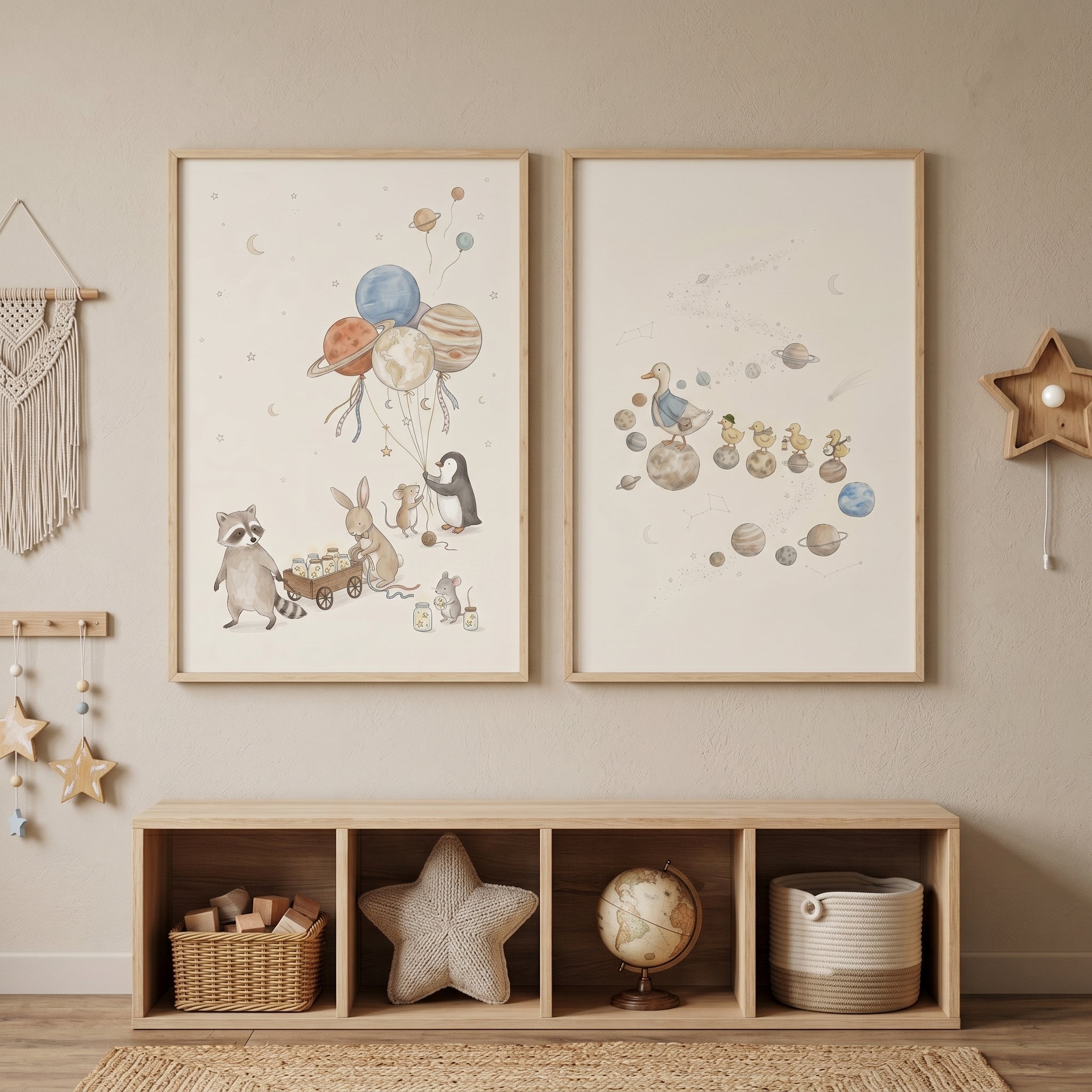 Dreamy Pastel Space Animals Wall Art Set of 2 - Starry Animal Voyage