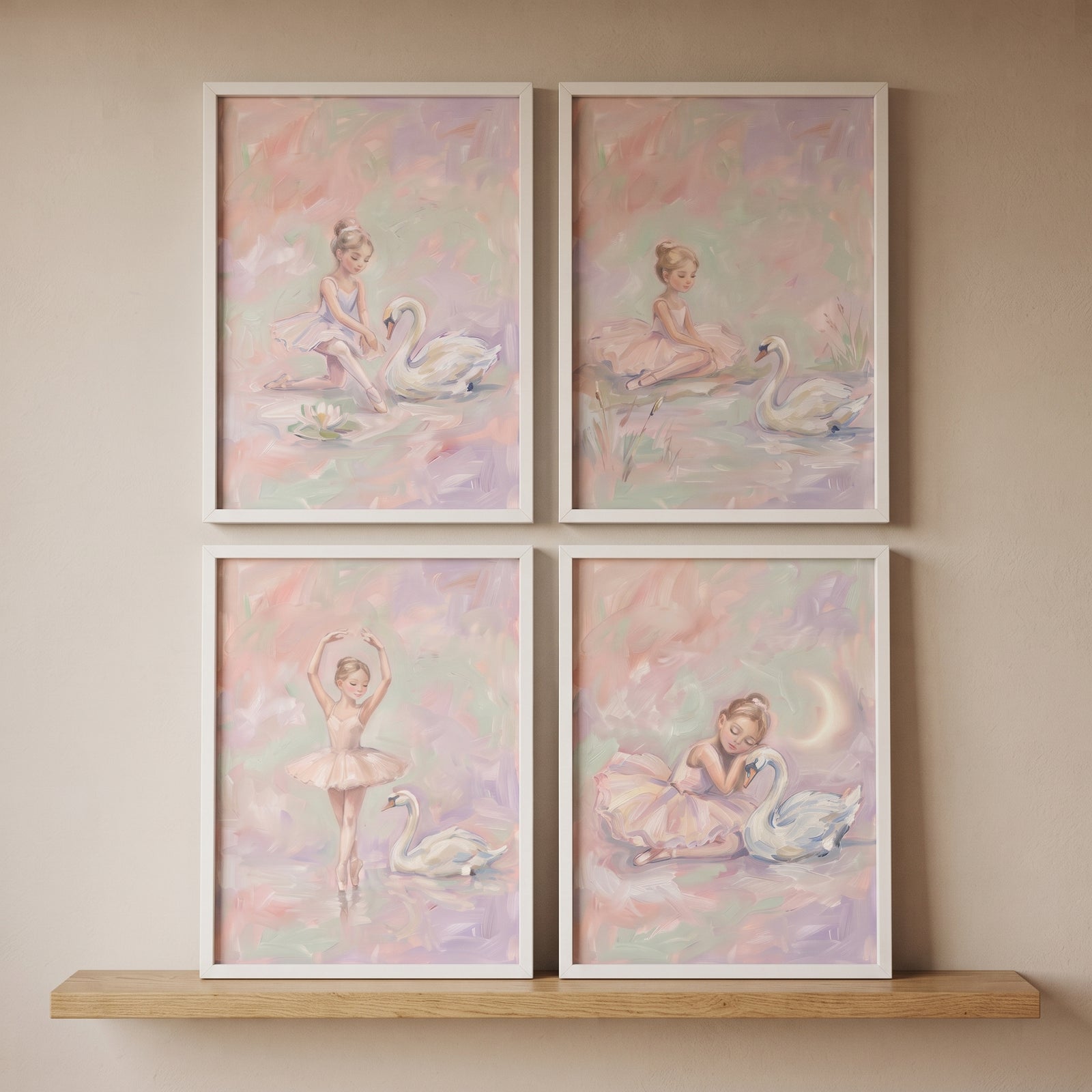 Dreamy pastel swan ballet wall art set of 4 features a girl and a swan in soft hues above a wooden shelf.