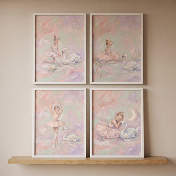 Dreamy pastel swan ballet wall art set of 4 features a girl and a swan in soft hues above a wooden shelf.